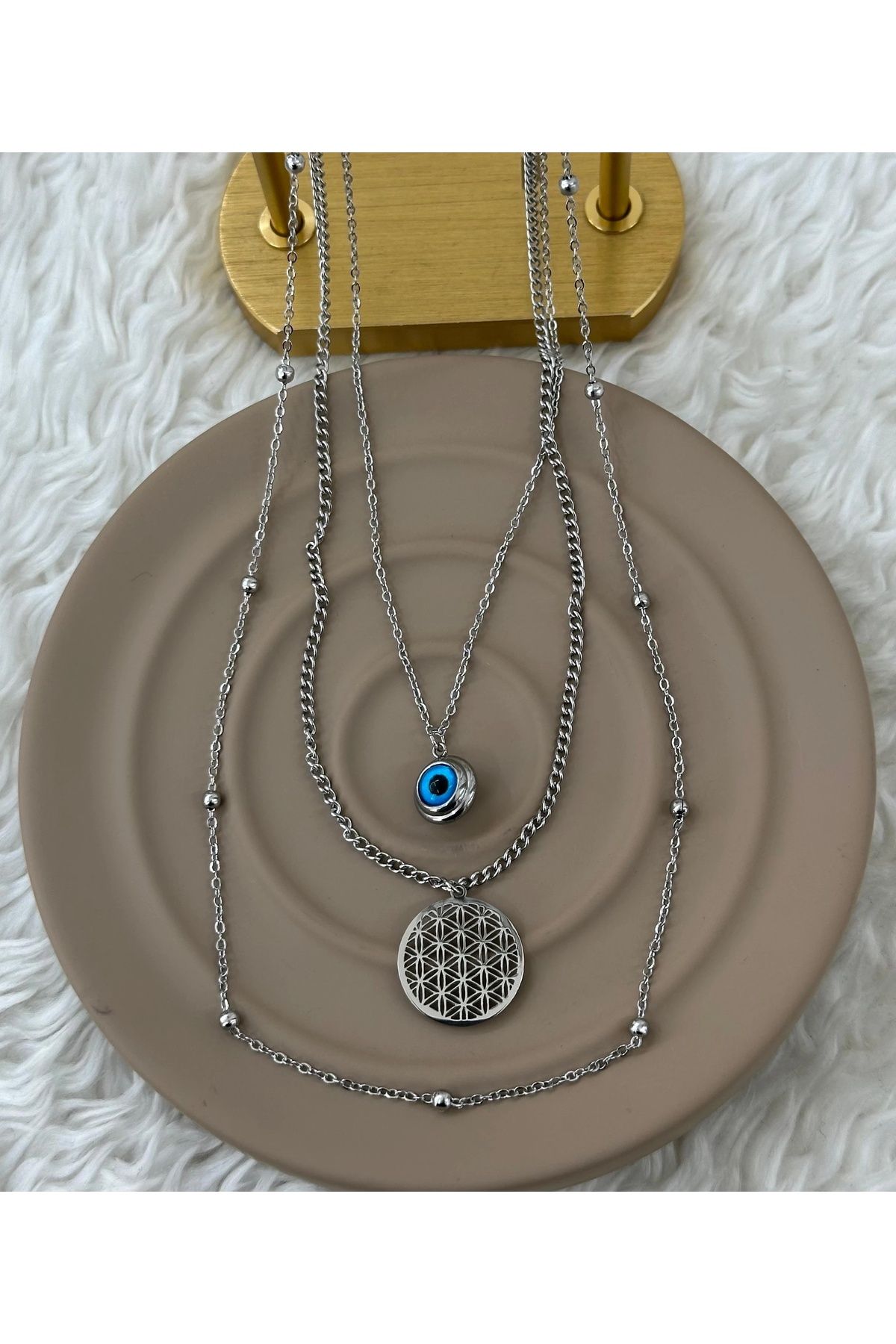 DA Accessories Üçlü Çelik Kolye Nazar Boncuğu Yaşam Ağacı Zincir