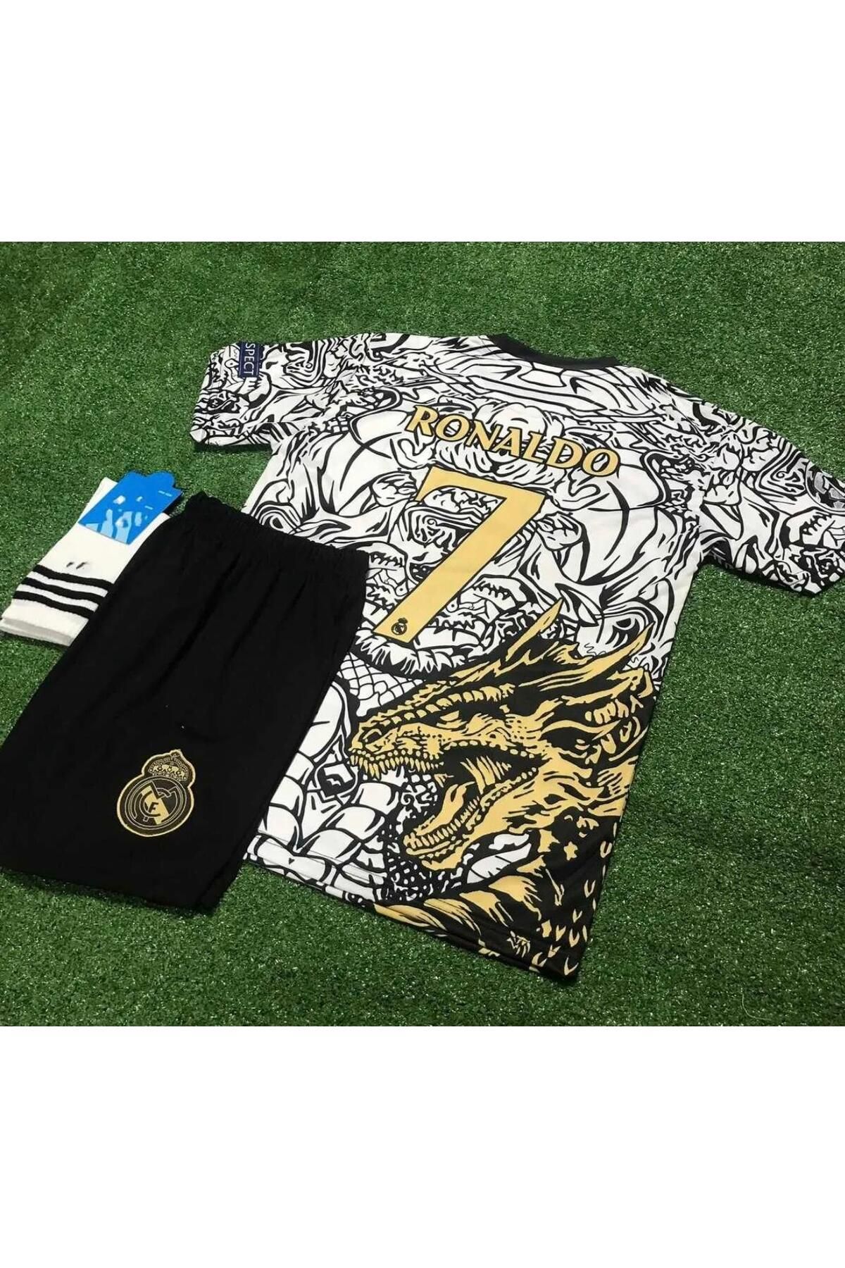 BARBITOS Real Madrid Yeni Sezon Dragon Desenli Cristiano Ronaldo Çocuk Forması 4 lü set Çorap Bileklik