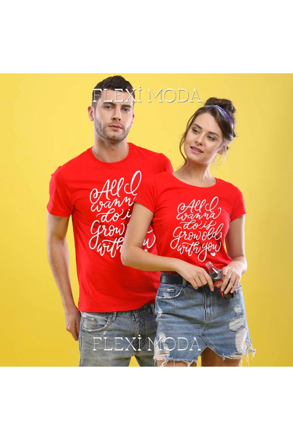 Hunors Sportswear & Company All I Wanna Do Is Grow Old With You Yazılı Sevgili Çift Kombini Oversize 2'li Tişört