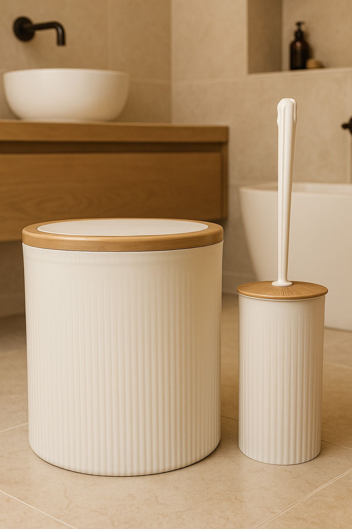 Makri 2'li Banyo Seti, Çöp Kovası ve WC Fırçalık, Beyaz, Hacim: 6 Litre