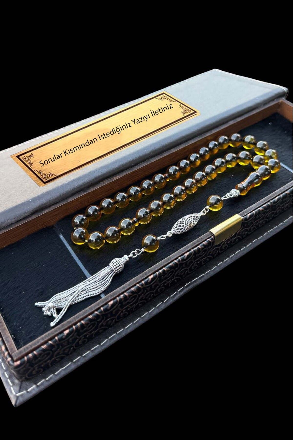 renery Sertifikalı Premium Üst Kalite 925 Ayar Gümüş Püsküllü Sarı Ateş Kehribar Tesbih