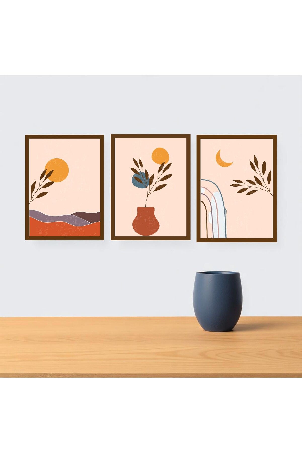 Gorgon Art Home 3'lü Minimalist Bohem Tablo Seti MDF baskılı Çerçeve Görünümlü Tablo Seti