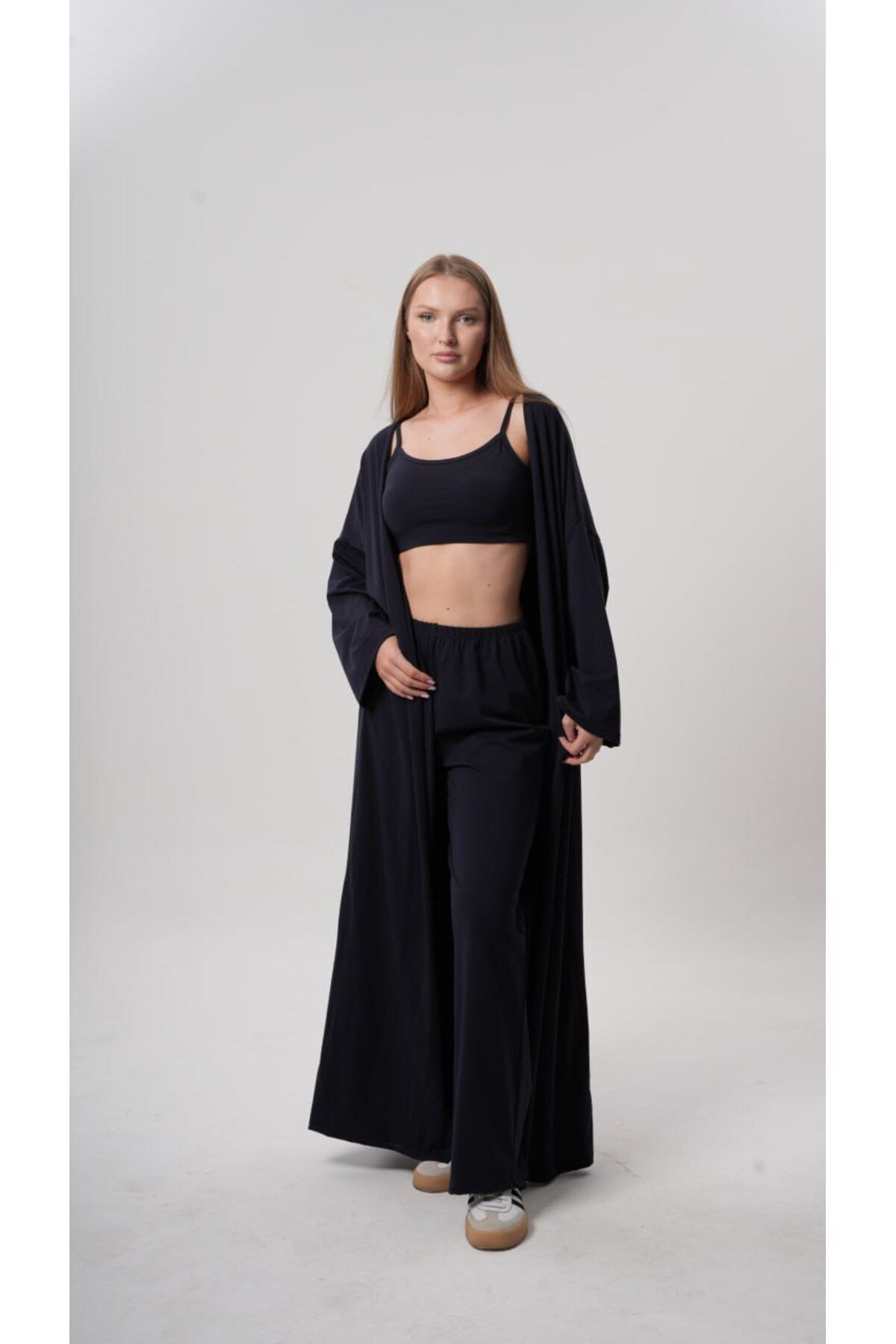 femmes fraiches Femmes Dolce Lacivert Set ( Pantolon + Askılı Crop + Kimono )