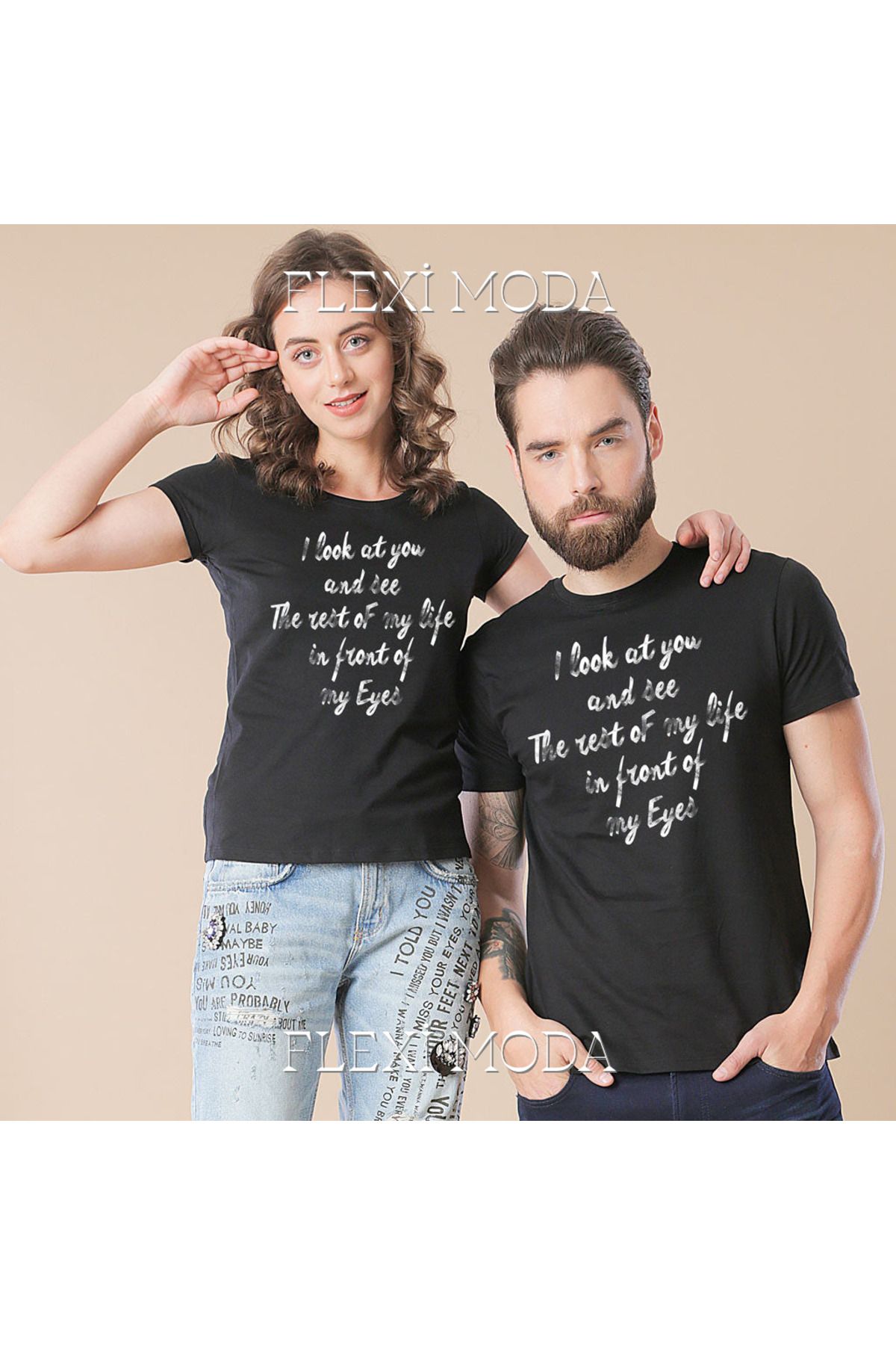 Hunors Sportswear & Company I Look At You And See Yazılı Sevgili Çift Kombini Oversize 2'li Tişört