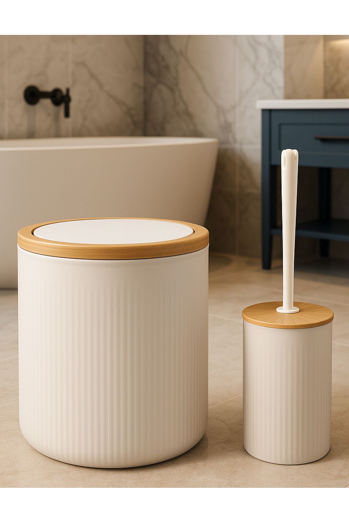 Makri Çöp Kovası ve WC Fırçası, Ahşap Görünüm Kapak Detaylı