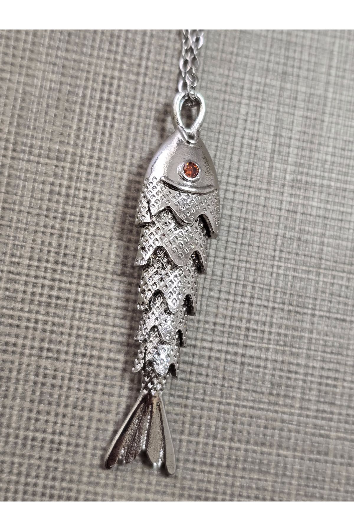 stainles steel Zirkon İşlemeli Çelik Balık Kolye