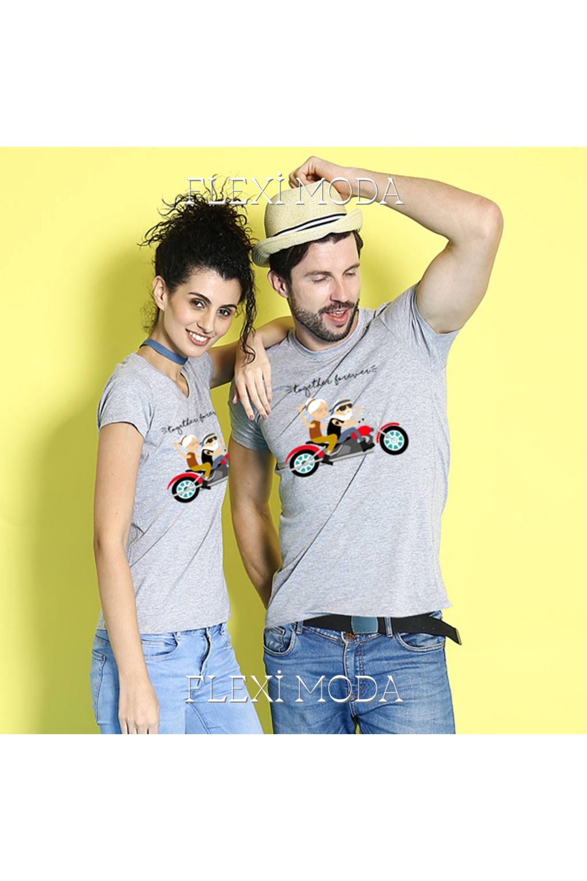 Hunors Sportswear & Company Bikers Forever, Couples Yazılı Sevgili Çift Kombini Oversize 2'li Tişört
