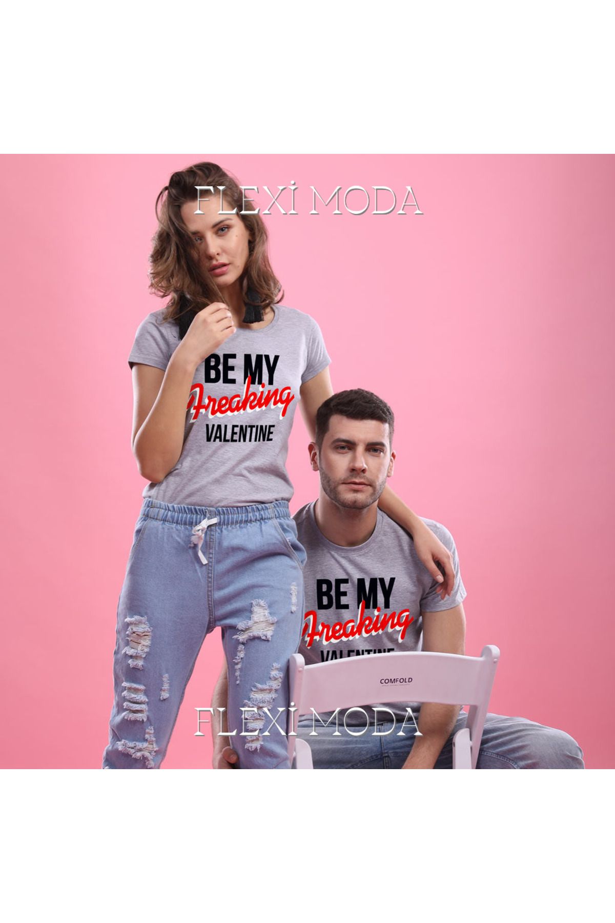 Hunors Sportswear & Company Be My Freaking Valentine! Couples Yazılı Sevgili Çift Kombini Oversize 2'li Tişört