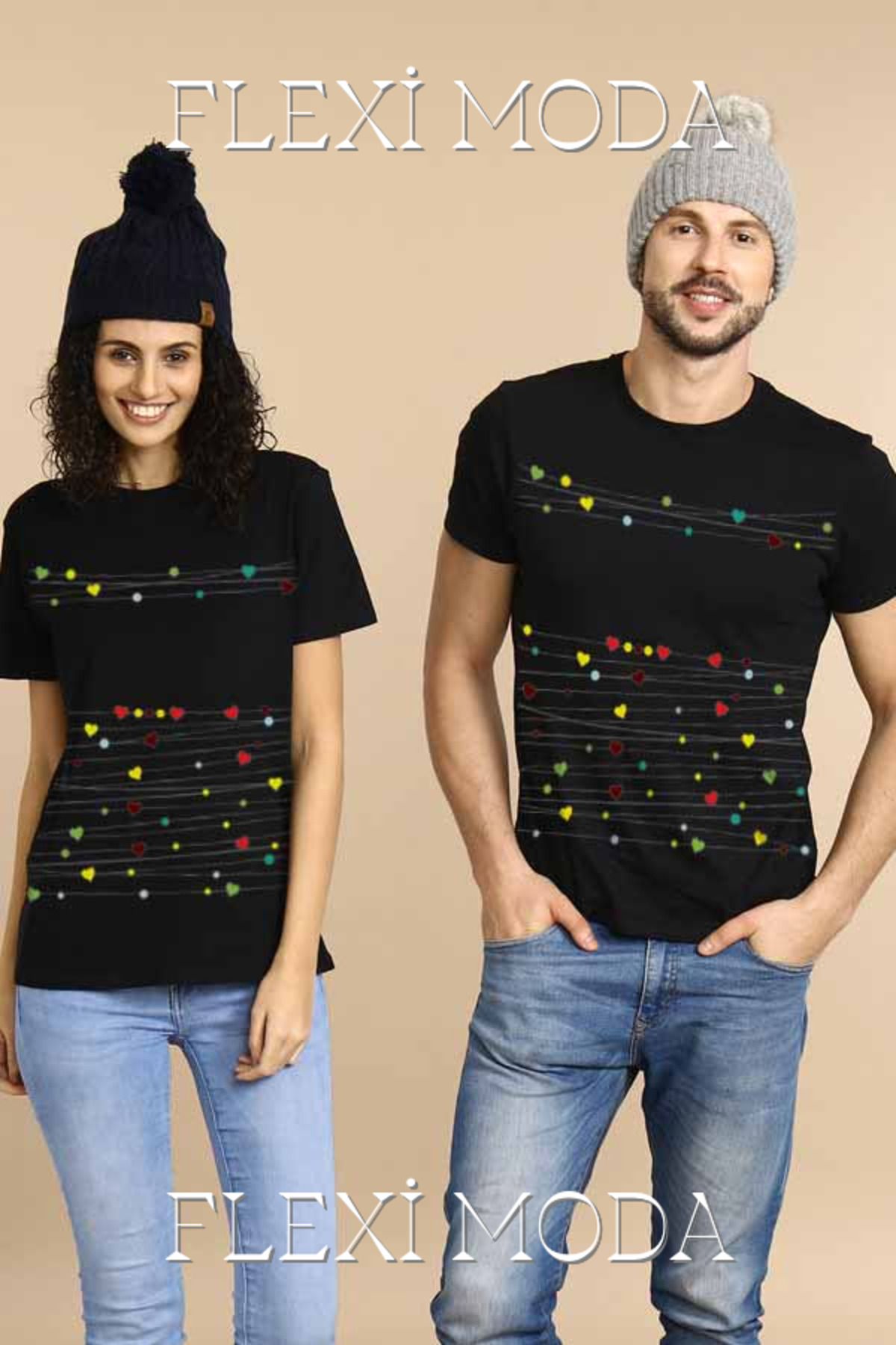 Hunors Sportswear & Company Love Lines Yazılı Sevgili Çift Kombini Oversize 2'li Tişört