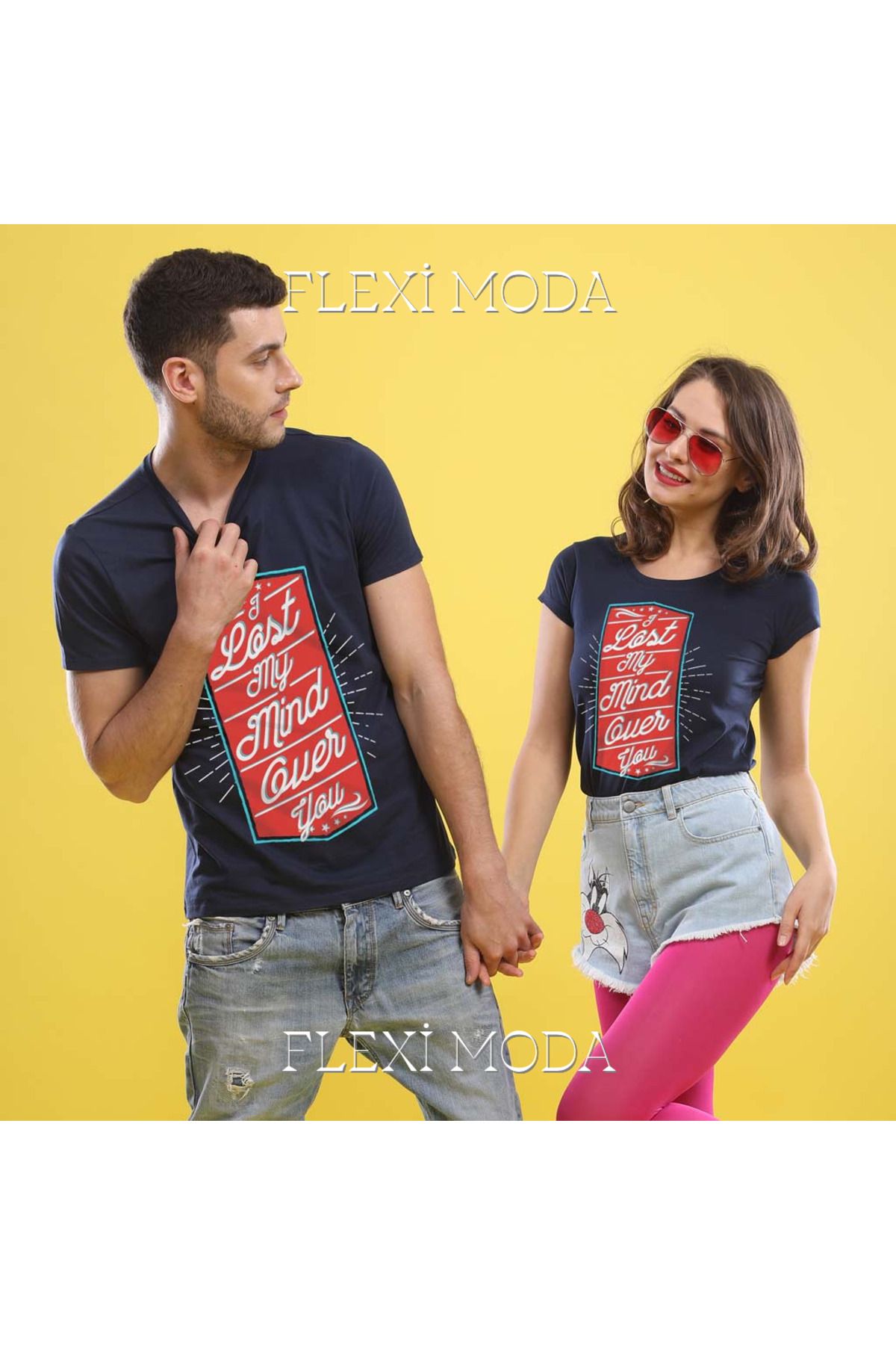 Hunors Sportswear & Company I've Lost My Mind, (Navy Blue) Couples Yazılı Sevgili Çift Kombini Oversize 2'li Tişört