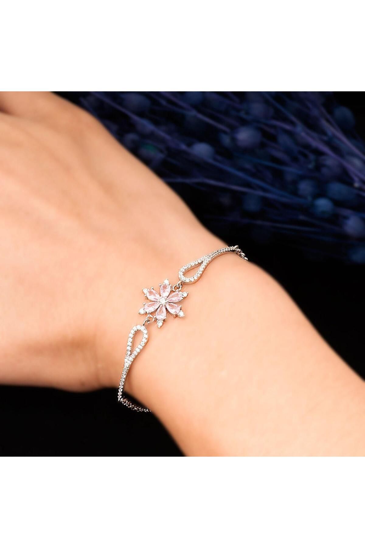 carrot silver 925 Ayar Gümüş Pembe Taşlı Kamelya Çiçeği Bileklik-Lotus-Hediye paketli