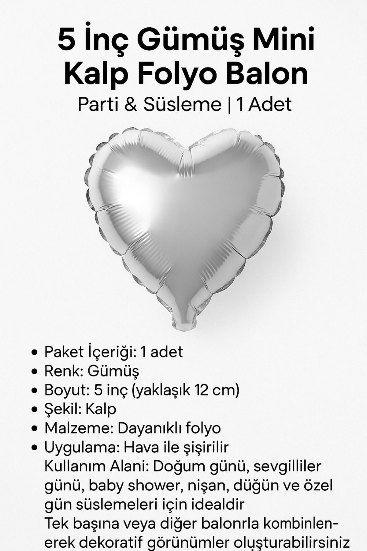 Öz-bal 5 İnç Gümüş Mini Kalp Folyo Balon | Parti & Süsleme | 1 Adet