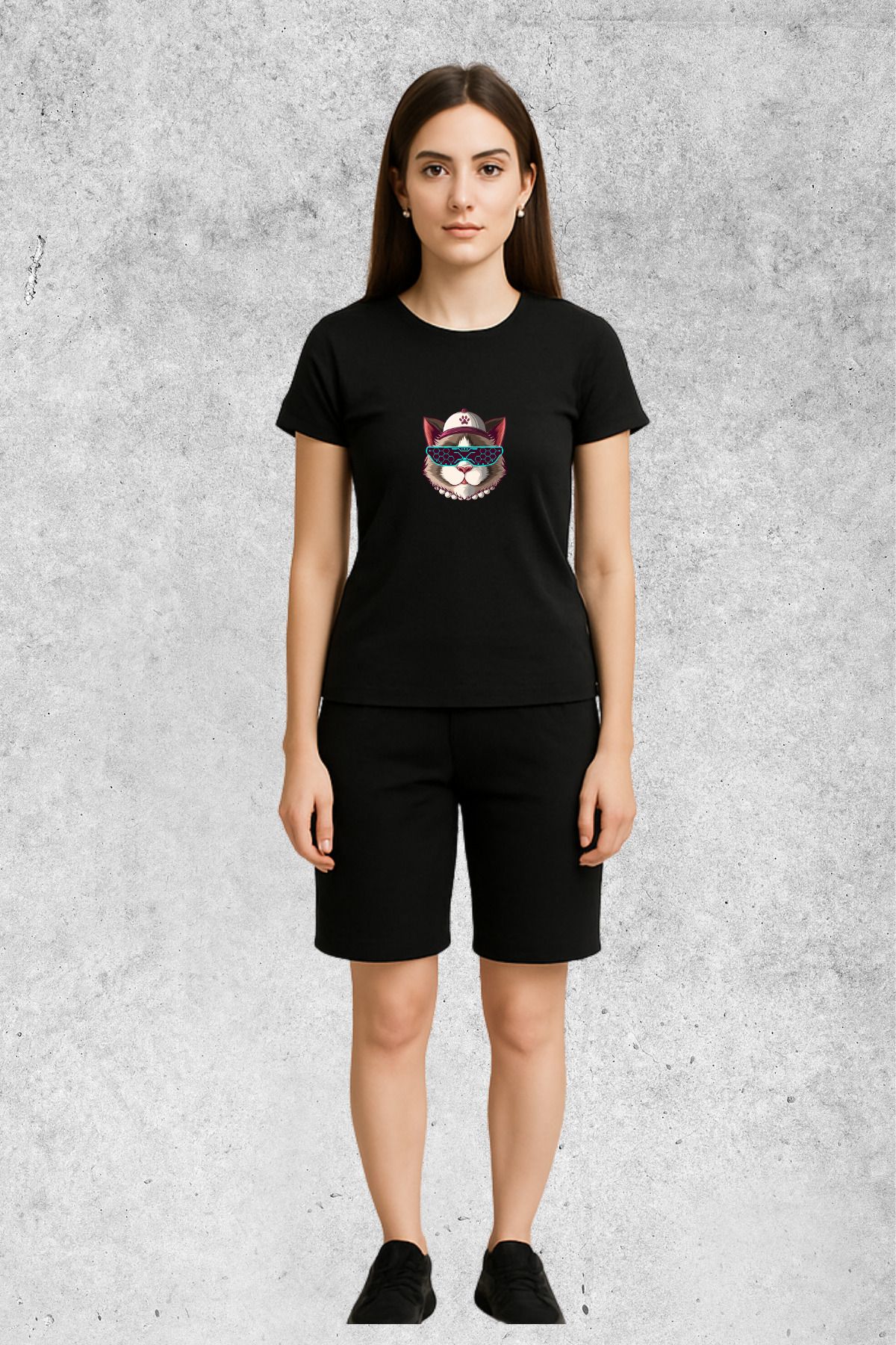 MOLICO Basic unisex sıfır yaka kısa kollu GÖZLÜKLÜ KEDİ baskılı tshirt