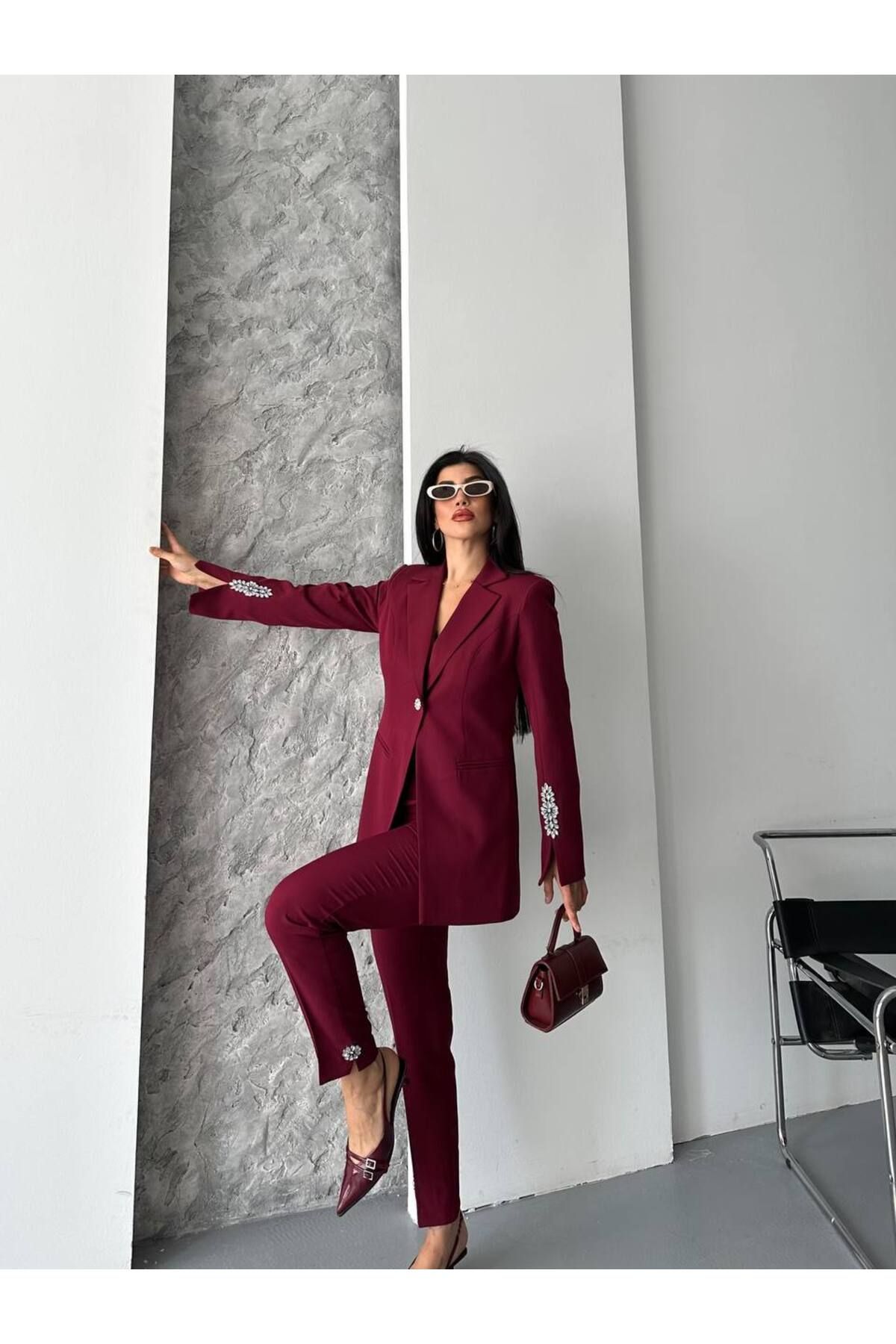 MVK GİYİM Taş Detaylı Boru Paça Blazer Ceket Pantolon Takım
