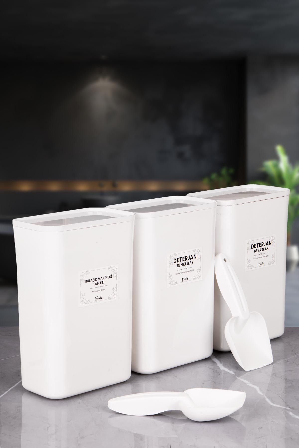 naturelove 3'LÜ Ölçekli Beyaz Vakum Akrilik Renkliler Beyazlar Tablet Deterjan Saklama ve Düzenleyici 3 LT