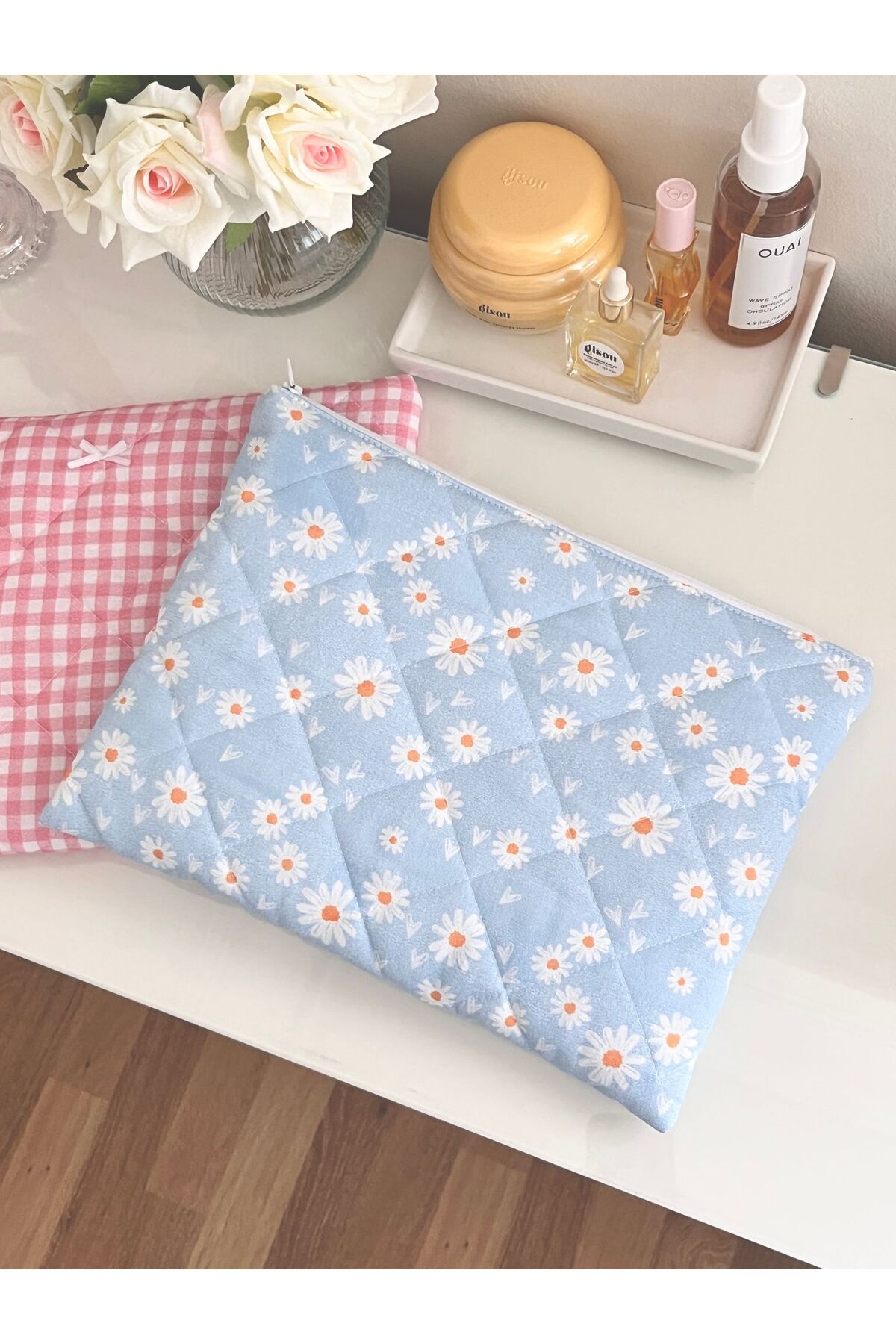 Lulishop Papatya Desenli Mavi Kumaş Tablet Kılıfı 10-11 inç Uyumlu