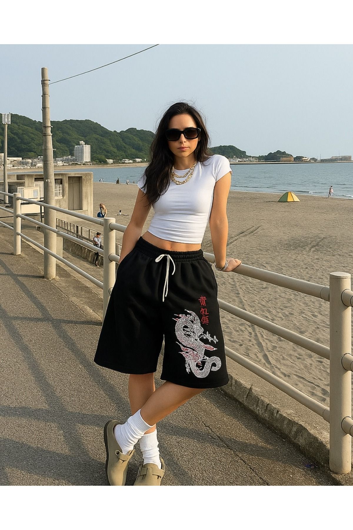 Touz Moda Dragon Detail Baskılı Siyah Penye Şort