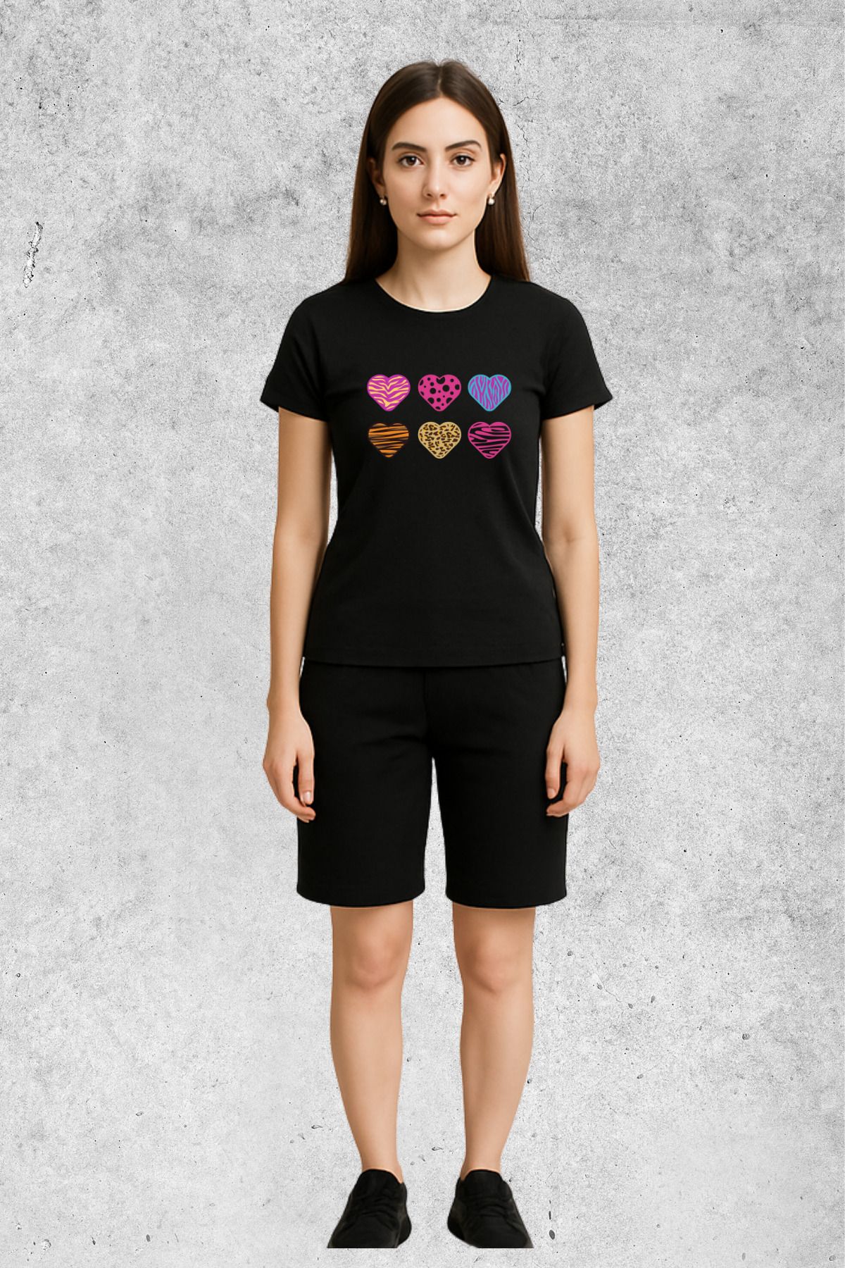 MOLICO Basic unisex sıfır yaka kısa kollu KARIŞIK KALP baskılı tshirt