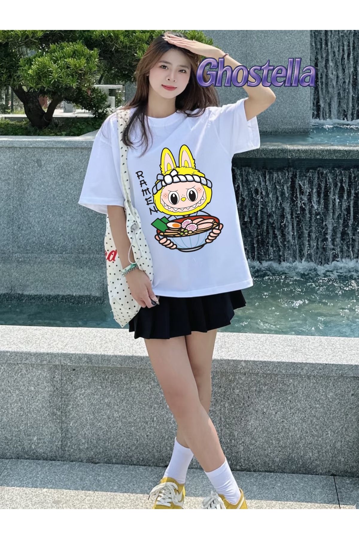 Minga London Beyaz Labubu Ramen Baskılı Oversize Unisex Tshirt -Ghostella
