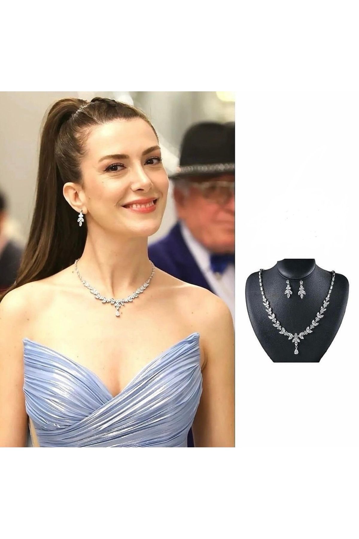 Manu Collection Kadın gelin takı seti kolye küpe gümüş rengi taşlı trend
