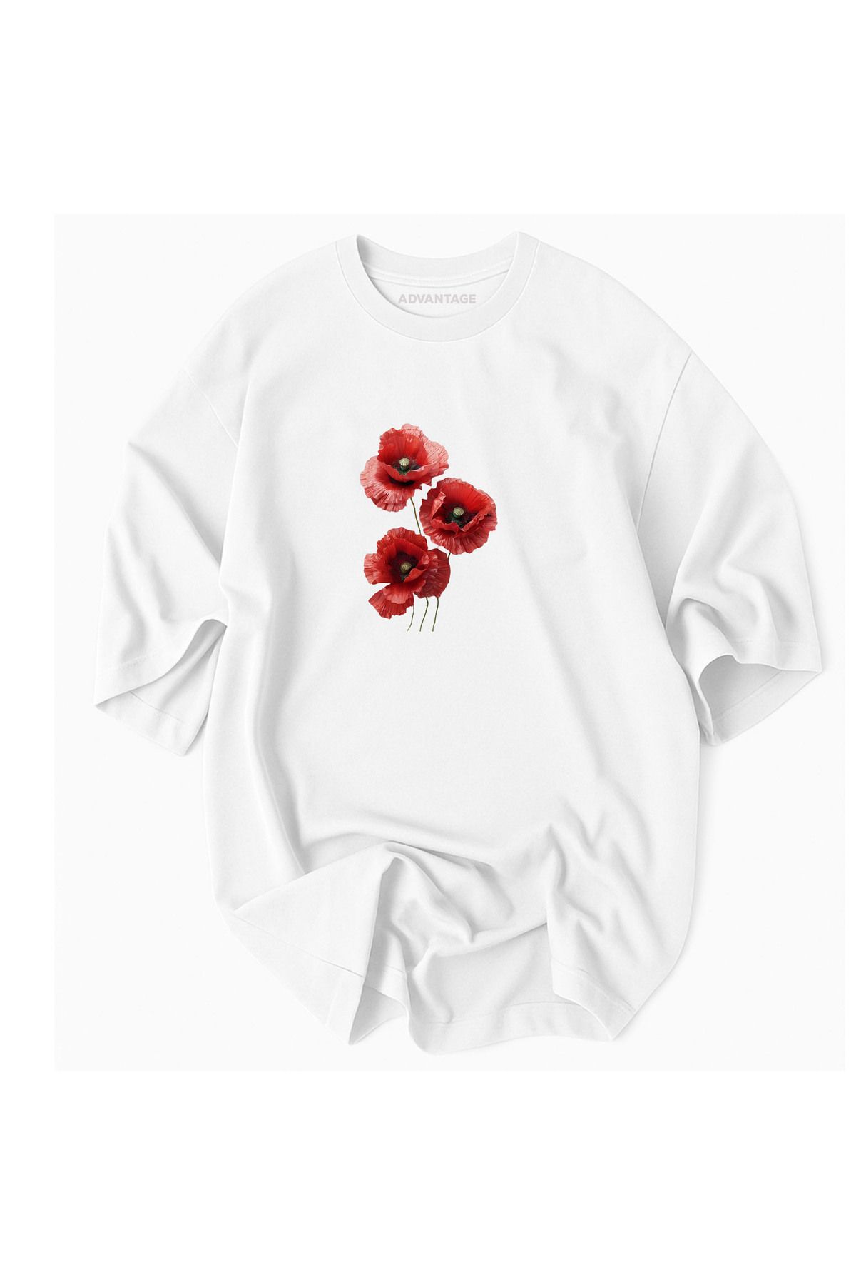 Advantage Kod Advantage Kırmızı Gelincik Desenli Oversize %100 Pamuk- Advantage Premium Tshirt