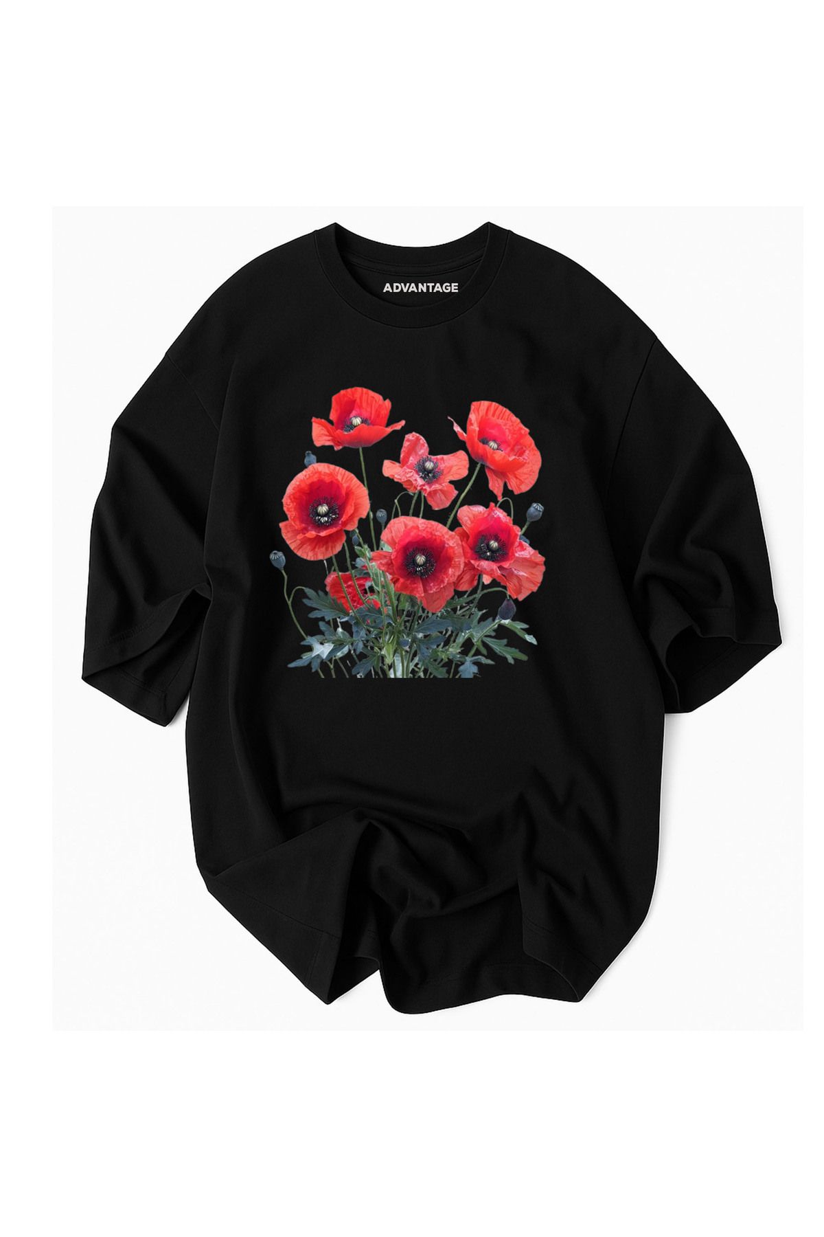 Advantage Kod Advantage Lale Gelincik Desenli Kadın Oversize %100 Pamuk- Advantage Premium Tshirt