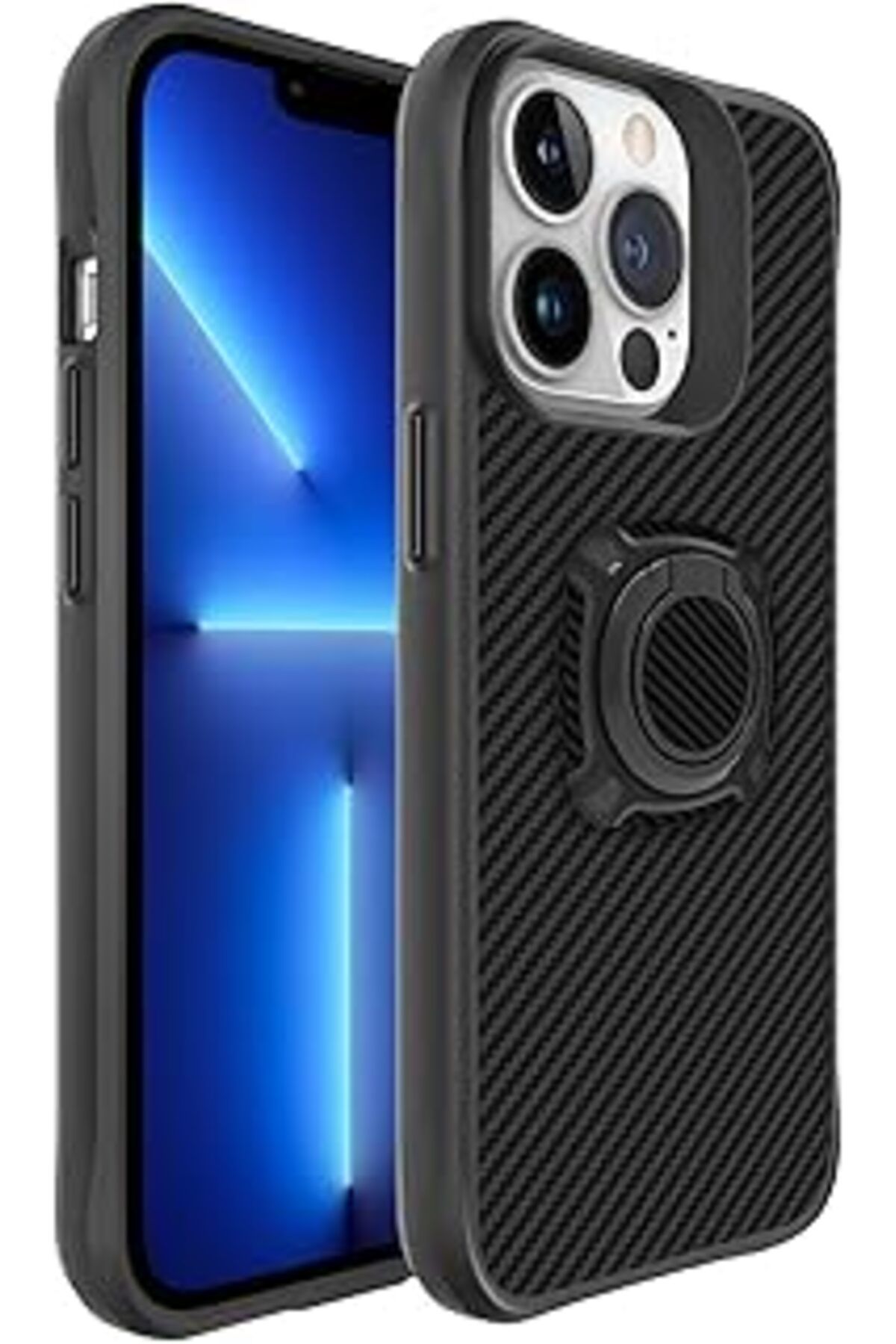 Pazarcan Kny Apple İphone 13 Pro Kılıf Ultra Korumalı Karbon Desenli Yüzüklü Timo Kapak Siyah