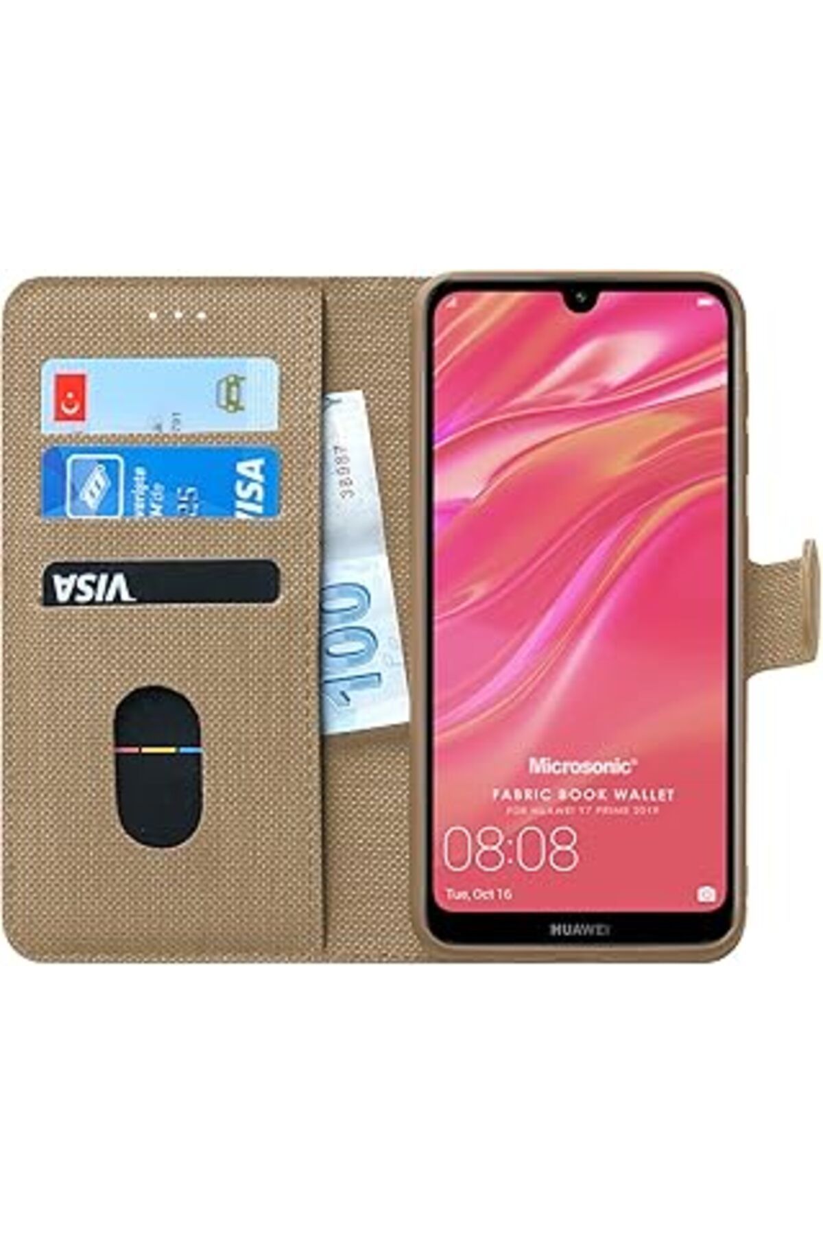 Pazarcan Microsonic Huawei Y7 Prime 2019 Için Kılıf Fabric Book Wallet Gold [Y7 Prime 2019 Ile Uyumlu Kılıf