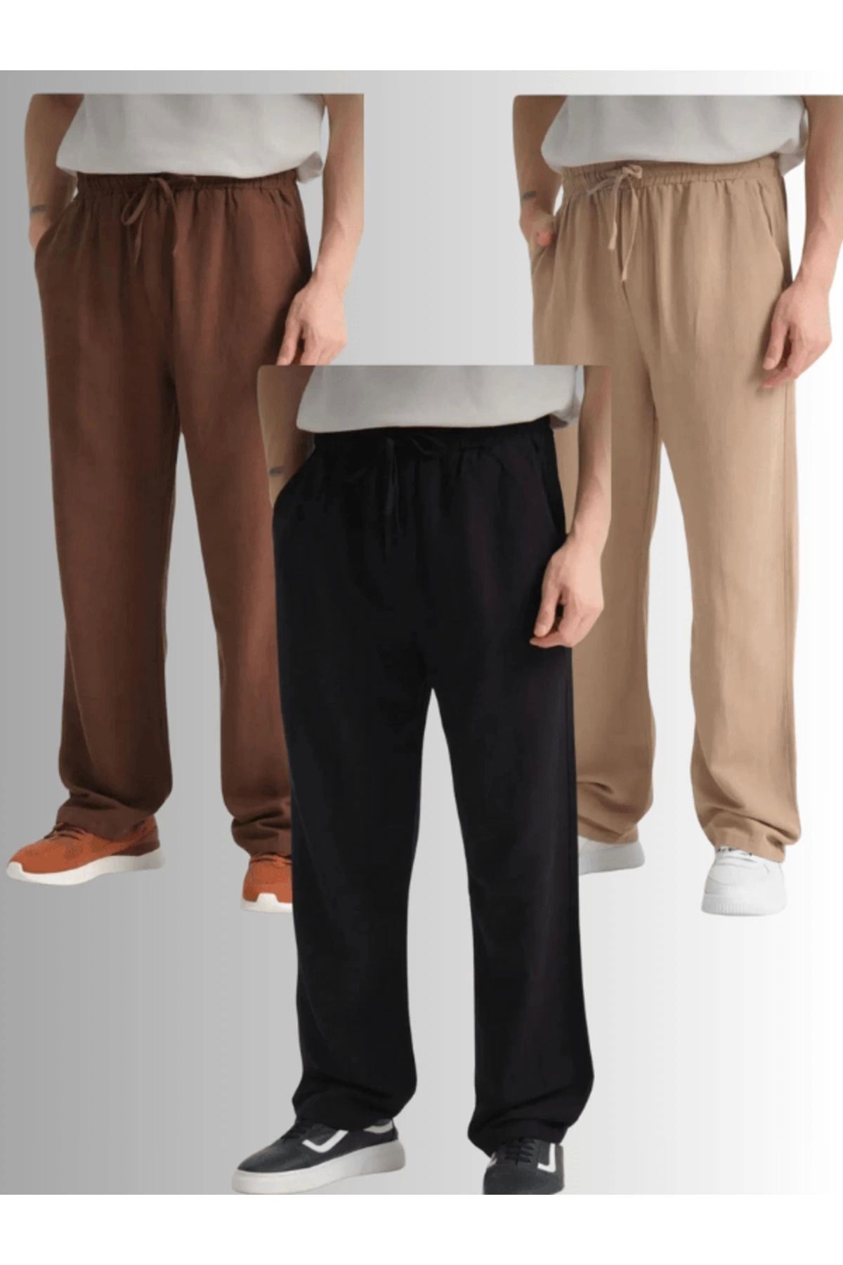 LC Waikiki LCWAIKIKI 2'li Avantaj Paket Yeni Sezon Beli Lastikli Bol Paça Baggy Erkek Keten Yazlık Pantolon