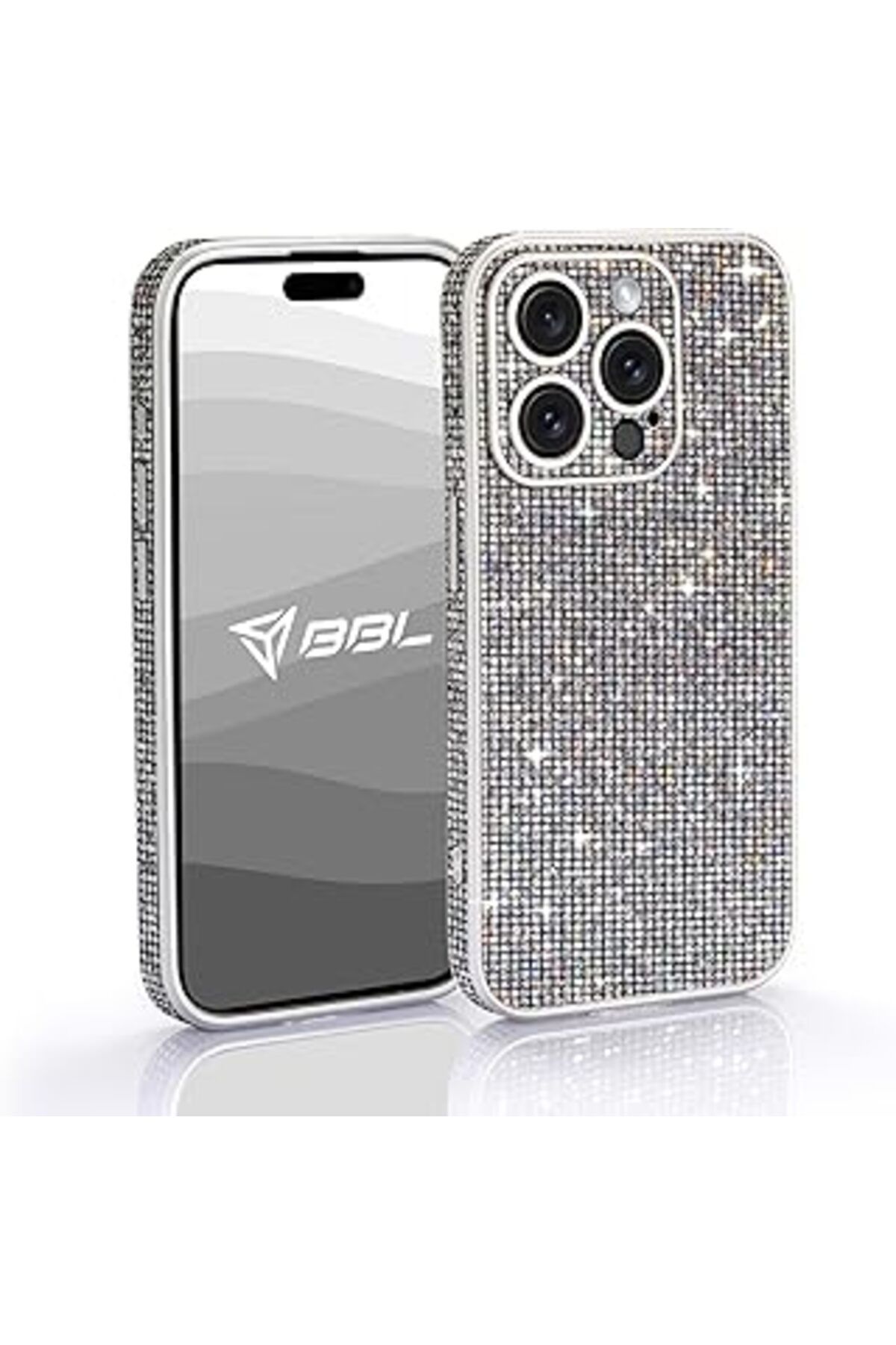 Pazarcan Babilden Apple Iphone 15 Pro Max Taşlı Simli Lens Korumalı Kılıf Gümüş