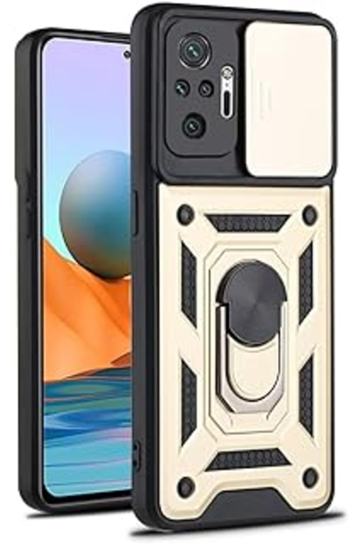 Karachil Nevarium Xiaomi Redmi Note 10 Pro Kılıf Lens Sürgülü Yüzüklü Tank Silikon Pars