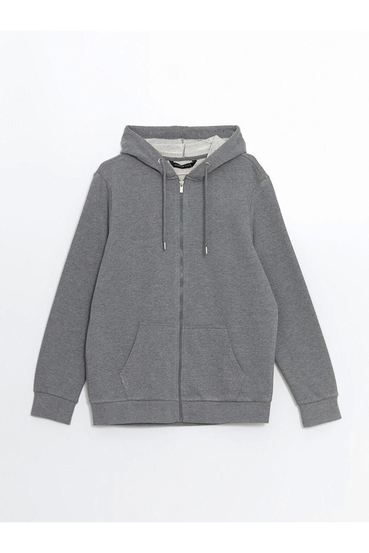 LC Waikiki LCWAIKIKI Basic Gri Kapüşonlu Uzun Kollu Erkek Fermuarlı Sweatshirt