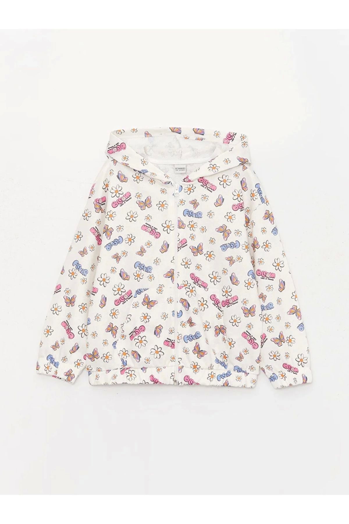 LC Waikiki LCWAIKIKI Kids Kapüşonlu Baskılı Uzun Kollu Kız Çocuk Fermuarlı Sweatshirt