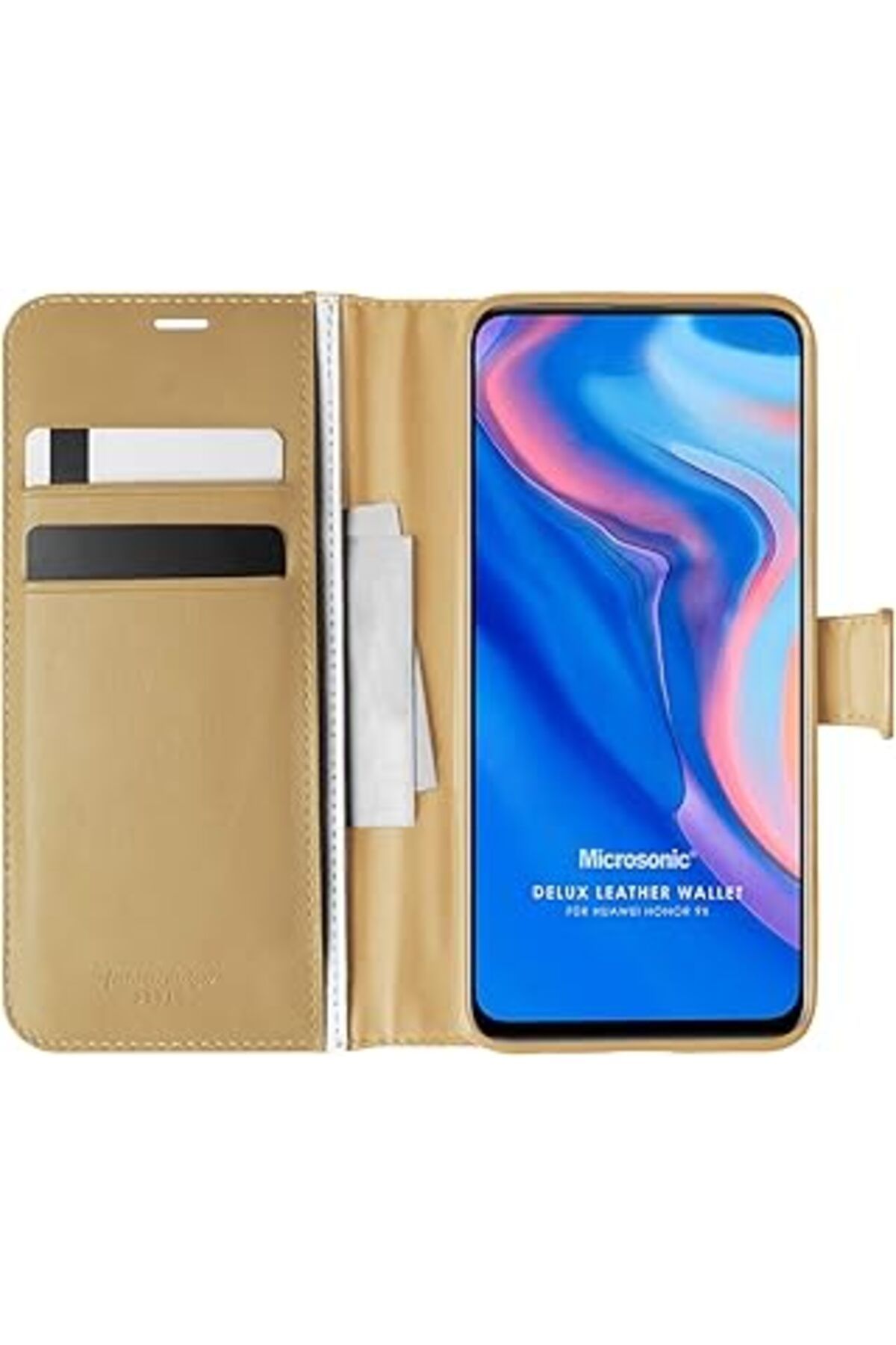 Pazarcan Microsonic Huawei Honor 9X Için Kılıf Delux Leather Wallet Gold [Honor 9X Ile Uyumlu Kılıf - Gold]