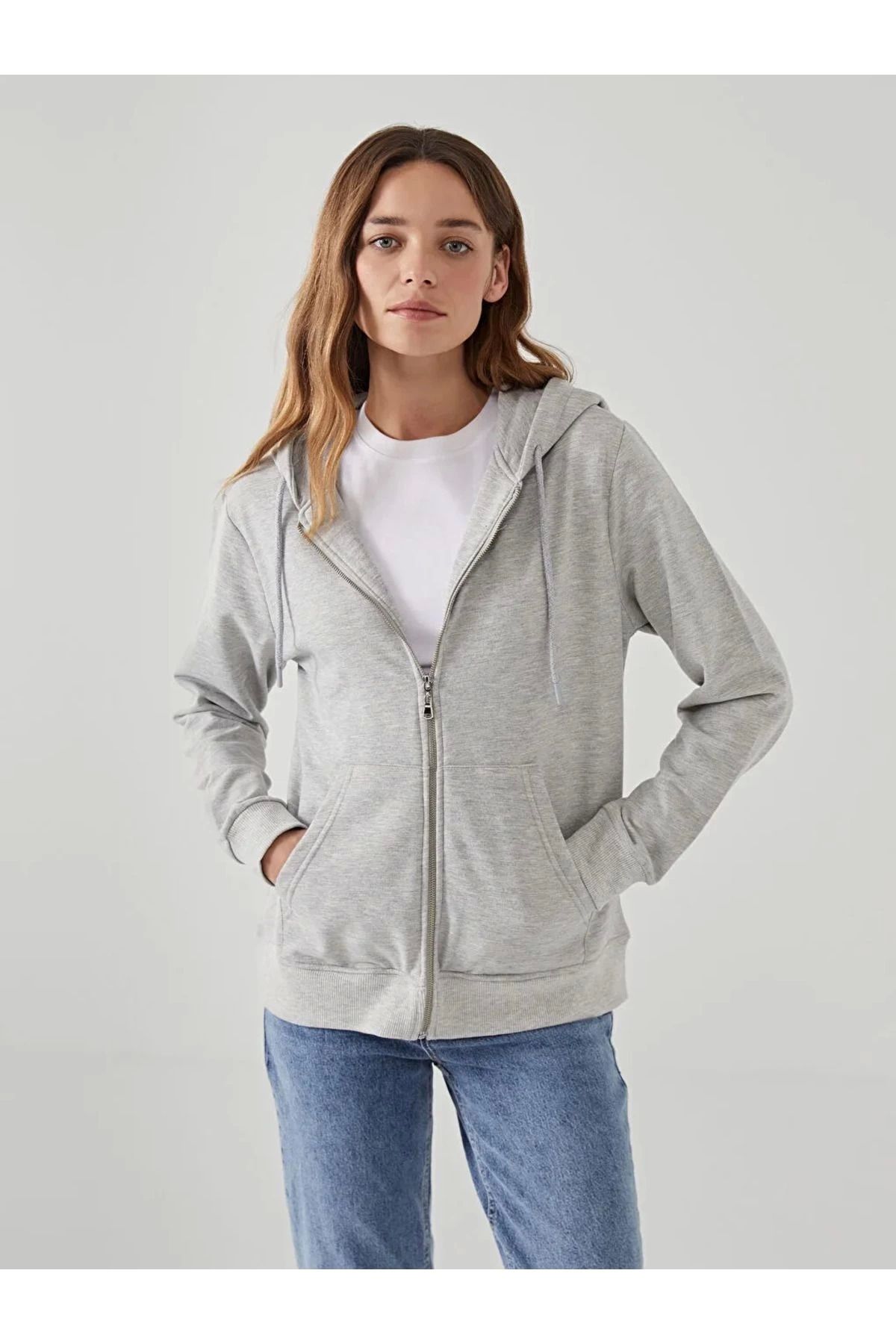 LC Waikiki LCWAIKIKI Gri Kapüşonlu Kadın Fermuarlı Sweatshirt