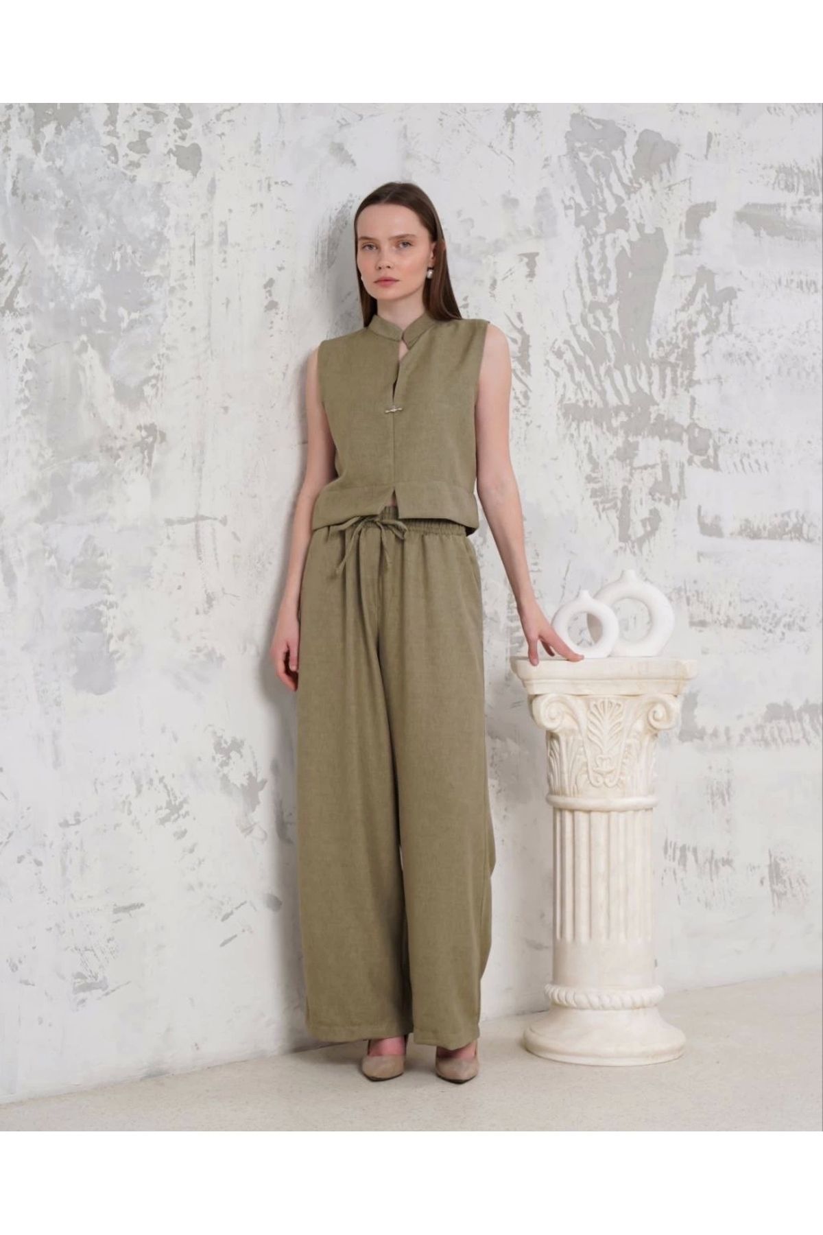 ufukmoda Broşlu yelek pantolon takım haki s255821