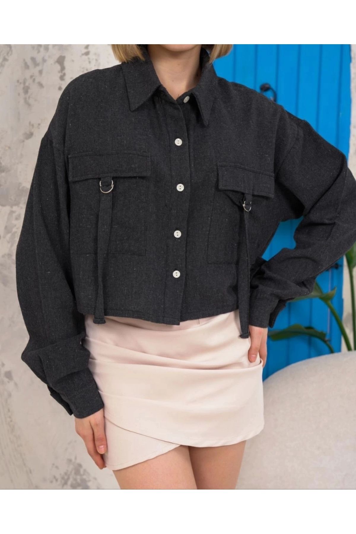 ufukmoda Kemer cepli keten crop gömlek siyah s255350