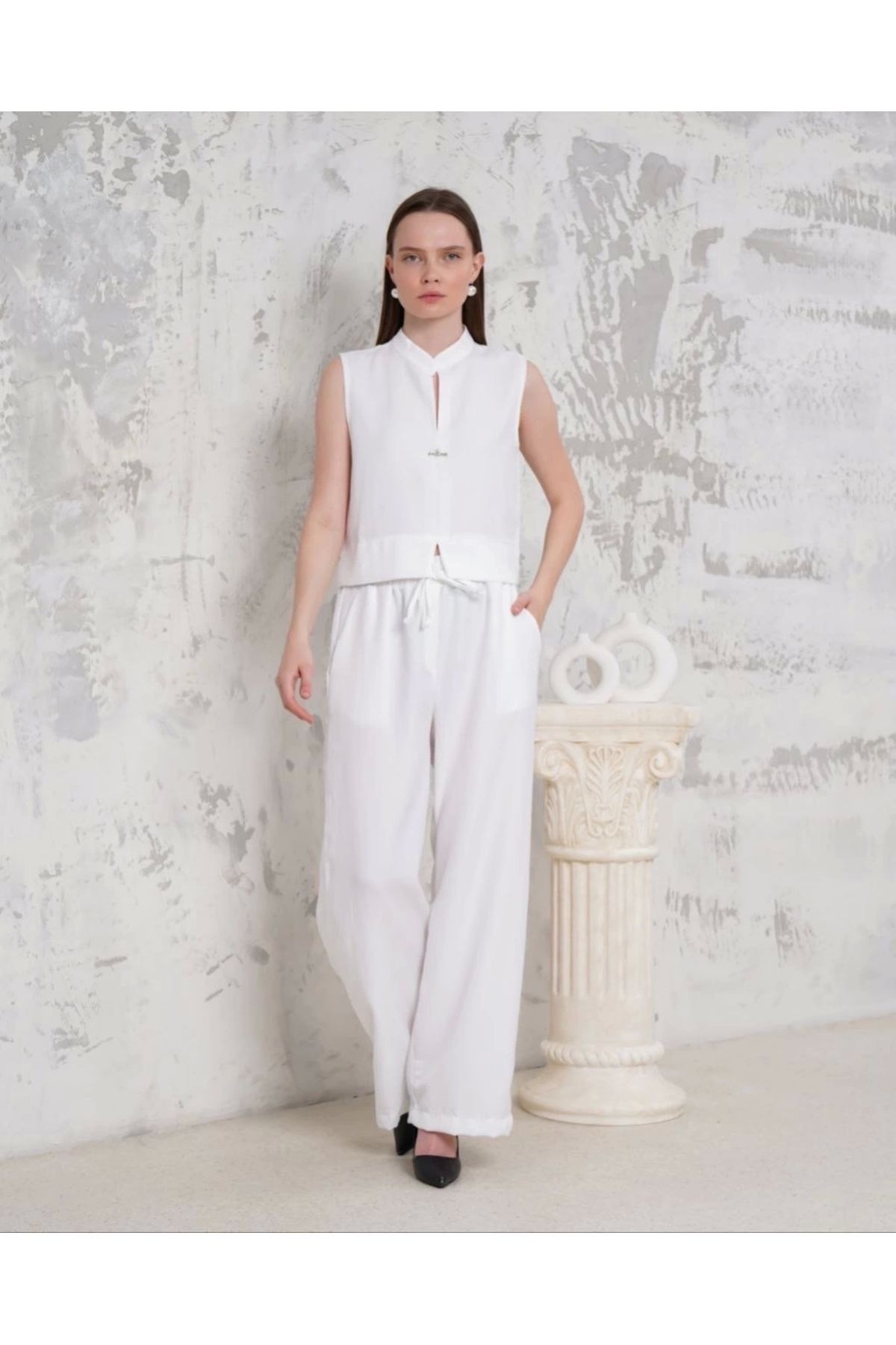 ufukmoda Broşlu yelek pantolon takım beyaz s255821