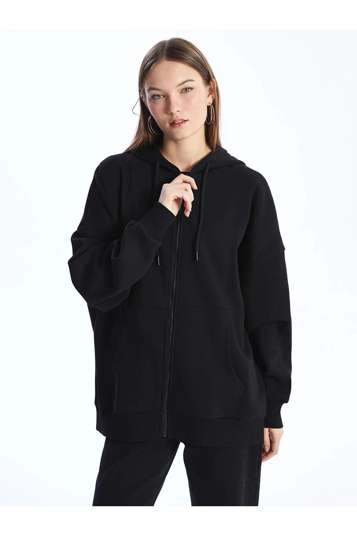 LC Waikiki LCWAIKIKI Vision Yeni Siyah Kapüşonlu Oversize Kadın Fermuarlı Sweatshirt