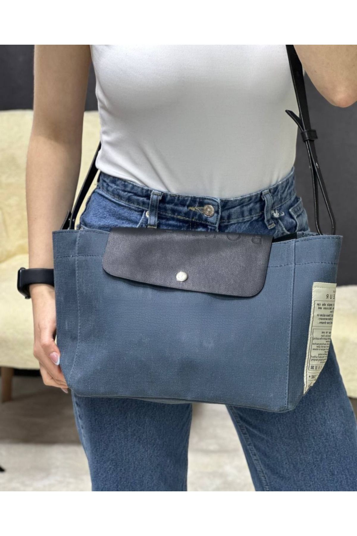 Nues Kadın Deri Ayarlanabilir Askılı Mumlu Kanvas B+Clutch El ve Omuz Çantası