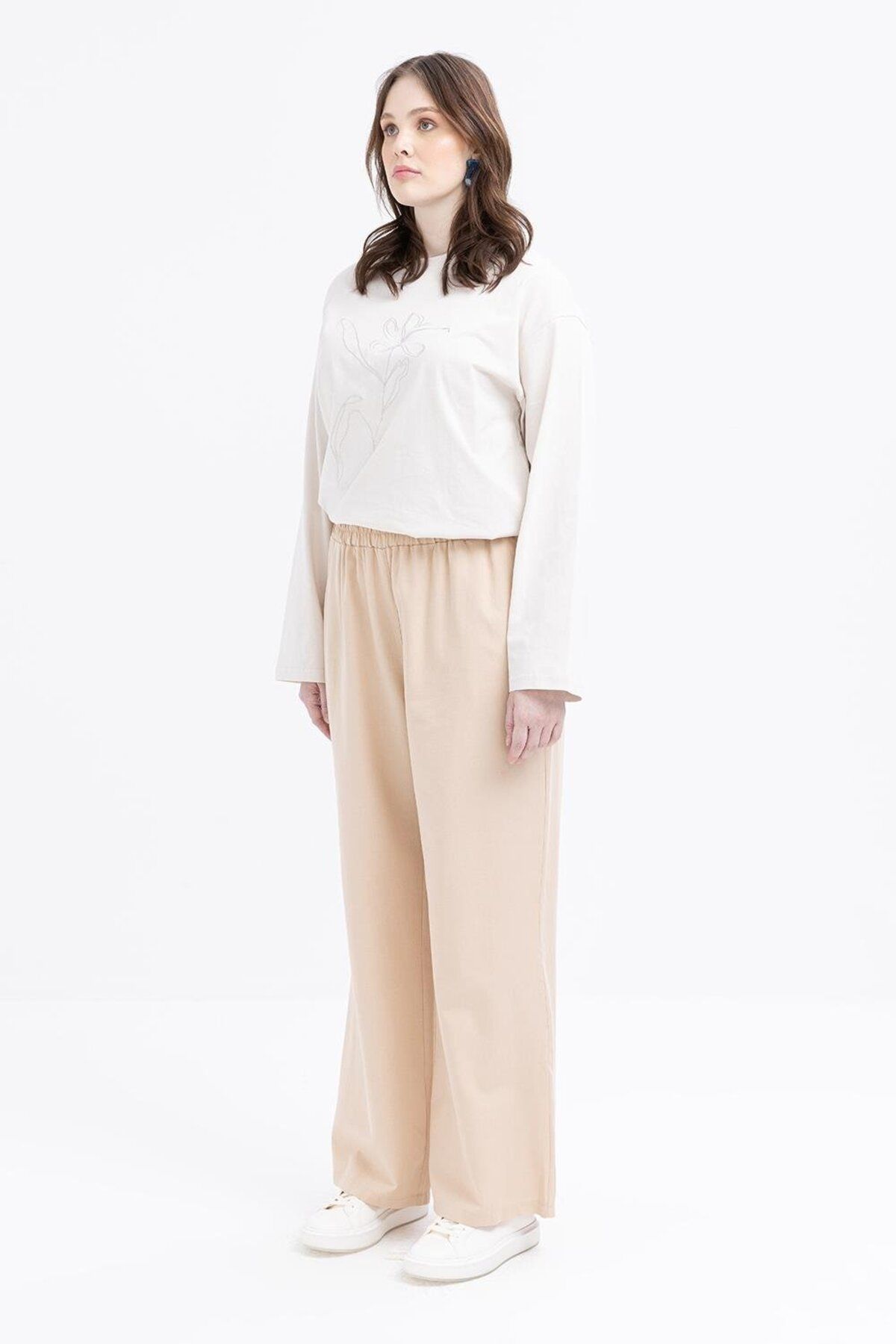ALLDAY-Beige-Large Size Wide Leg Linen Trousers with Elastic Waist 2
