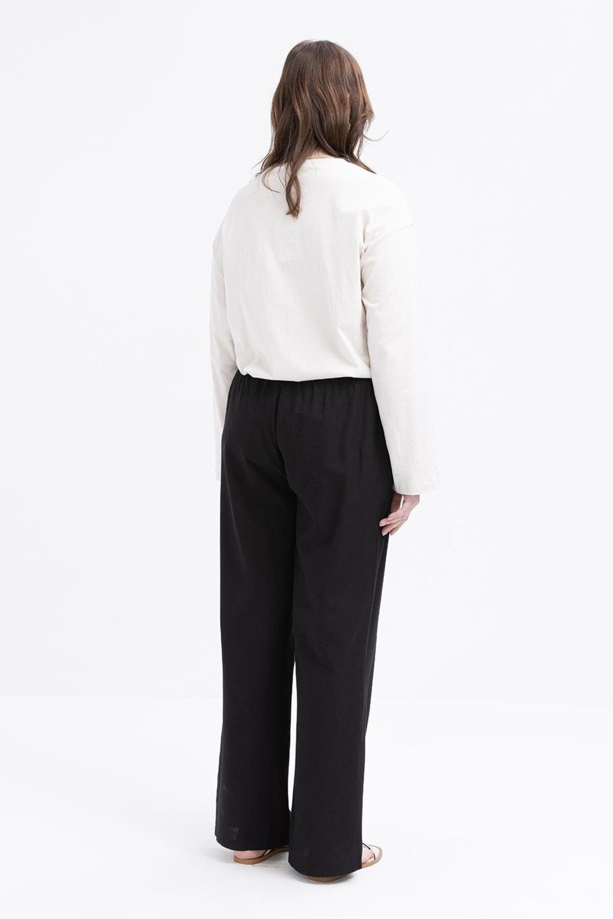 ALLDAY-Black-Large Size Wide Leg Linen Trousers with Elastic Waist 3