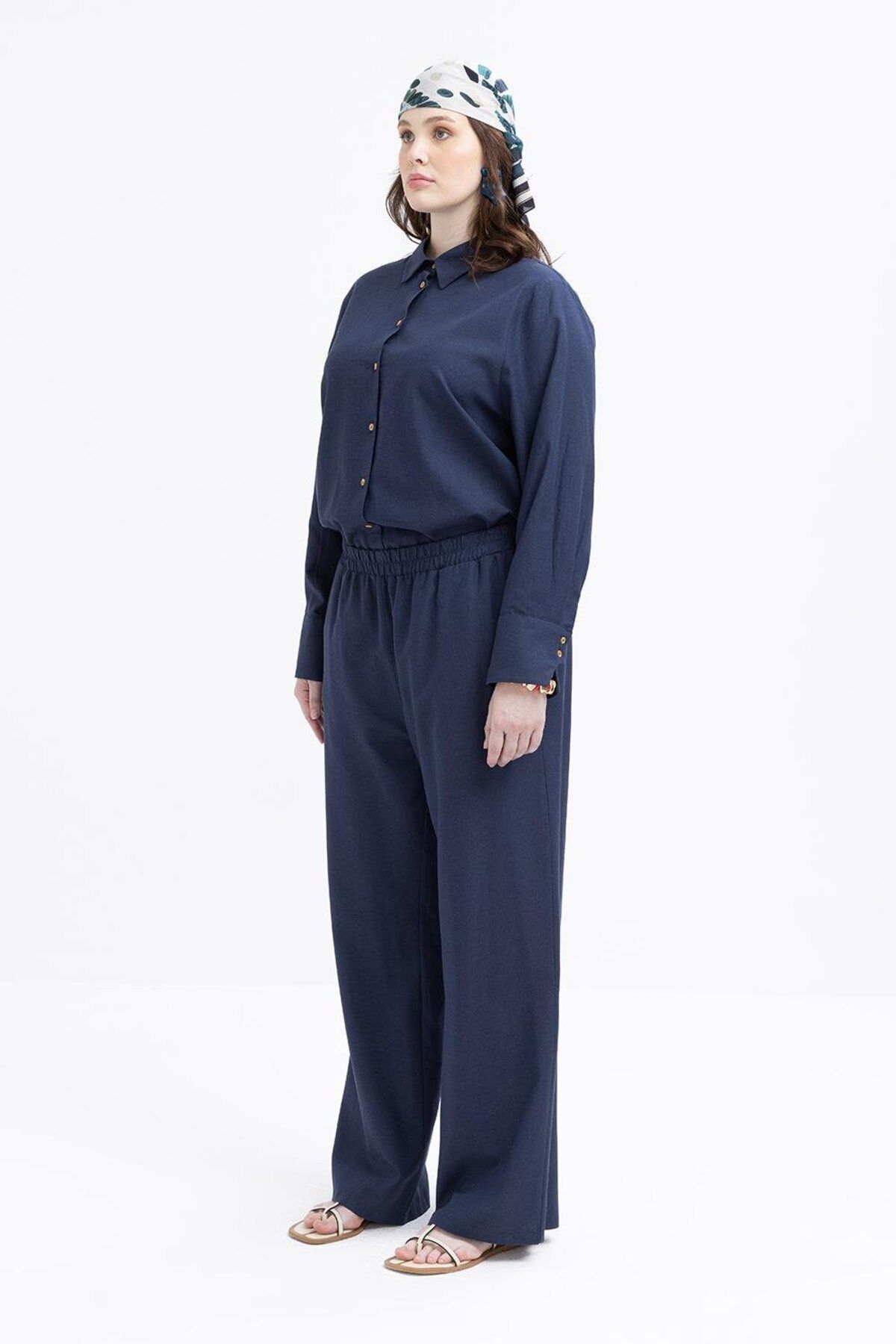 ALLDAY-Indigo-Plus Size Wide Leg Linen Trousers with Elastic Waist 3