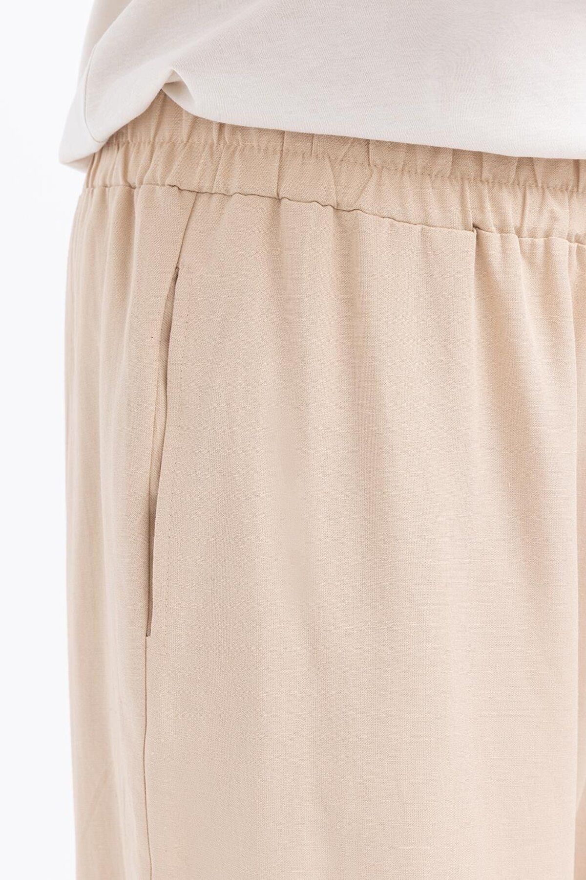ALLDAY-Beige-Large Size Wide Leg Linen Trousers with Elastic Waist 4