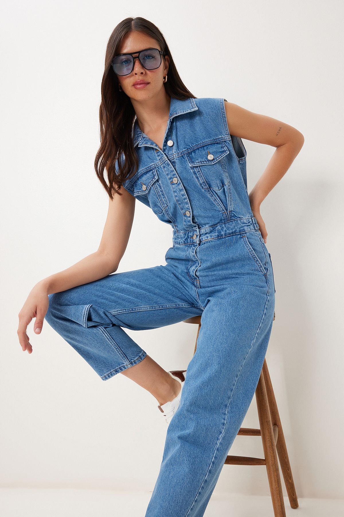 Lovelyİstanbul Kapaklı Cepli Denim Tulum AÇIK MAVİ LVW0005