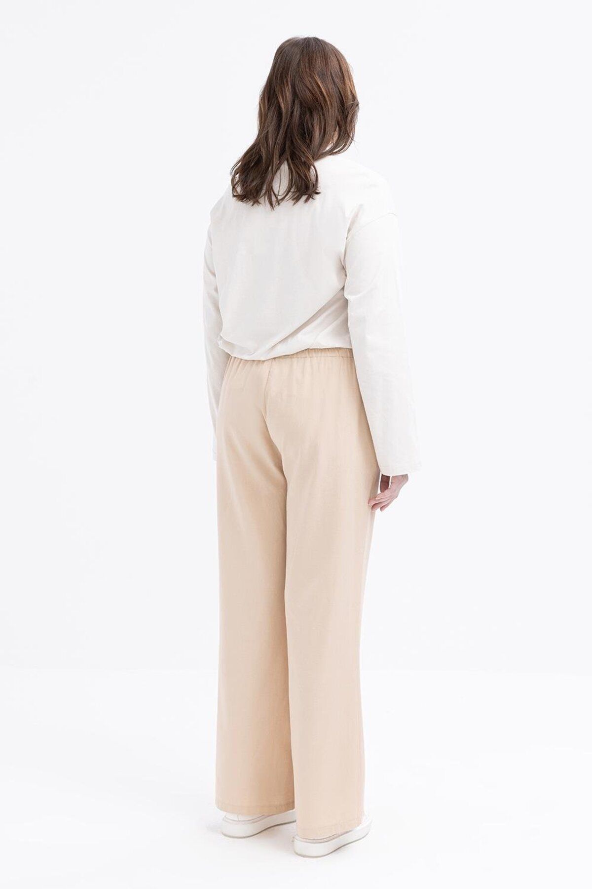 ALLDAY-Beige-Large Size Wide Leg Linen Trousers with Elastic Waist 3