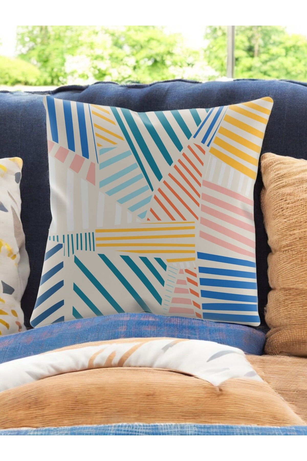 ASDİVA SMR Soyut Geometrik Desenli Modern Kırlent Dekoratif Yastık Soft Krem Renkli 43x43