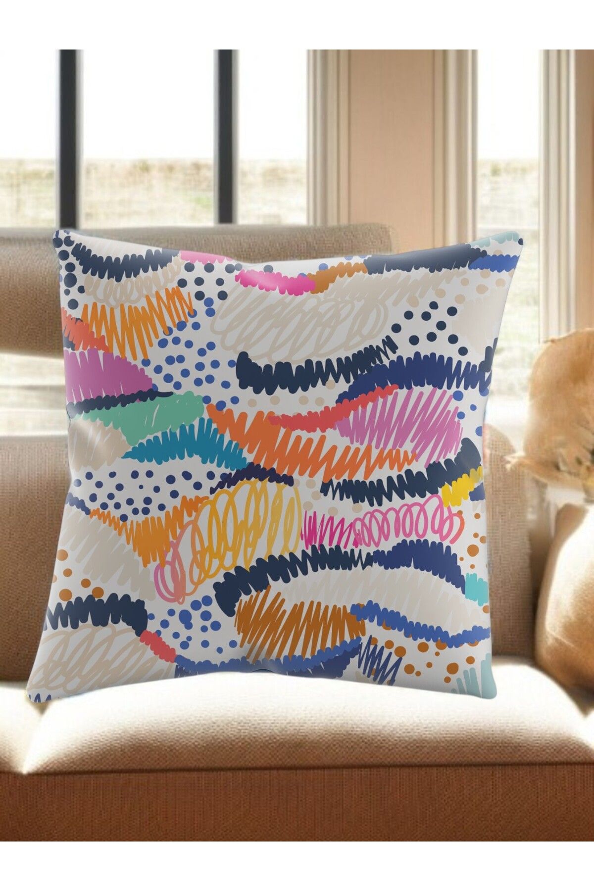 ASDİVA-Smr Mixed Patterned Line and Dot Detailed Decorative Throw Pillow Soft Colorful 43X43 4