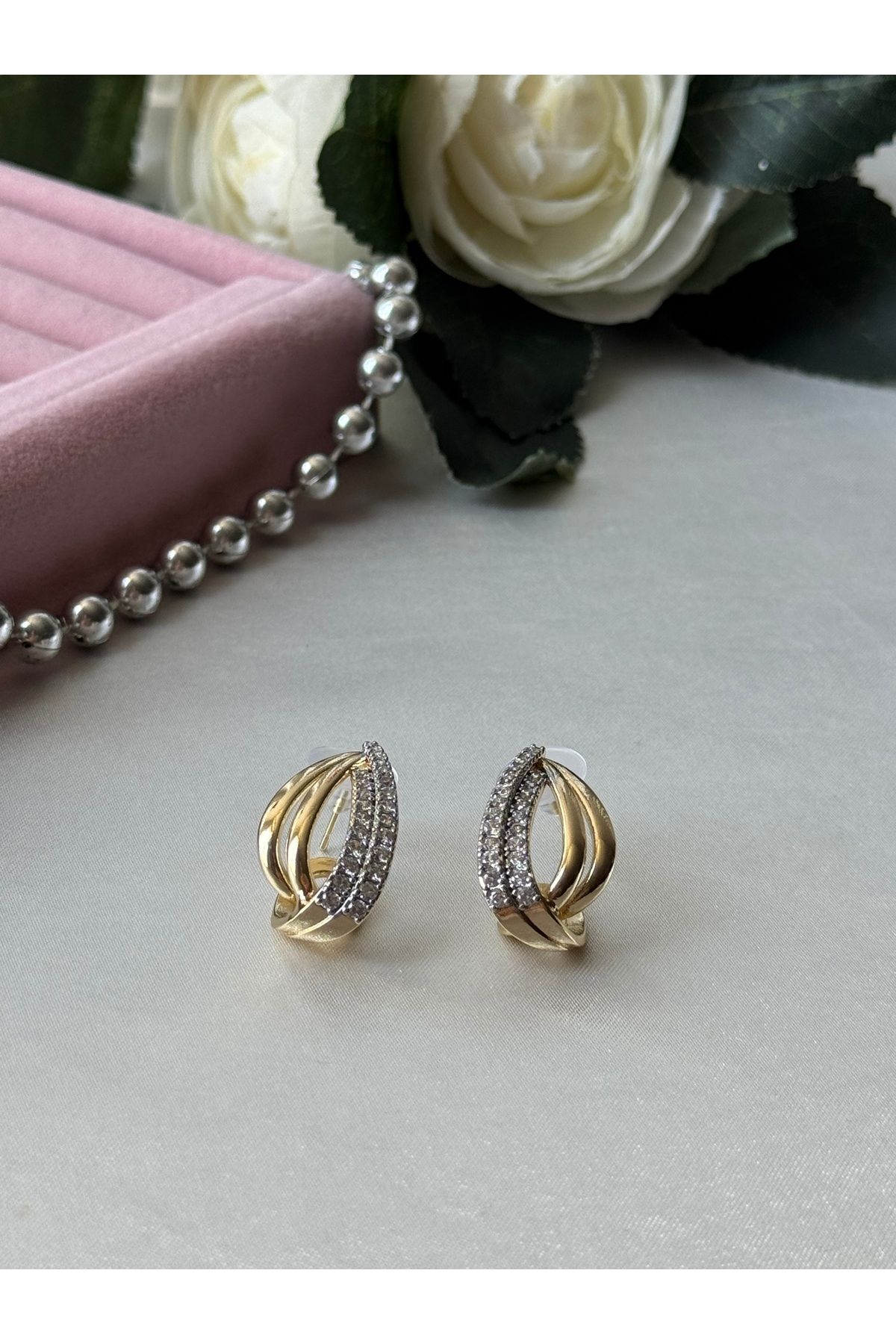 JEWELRY Özel Seri Altın Renkli Zirkon Taşlı Oval Vintage Model Rodyum Kaplama VIP Küpe