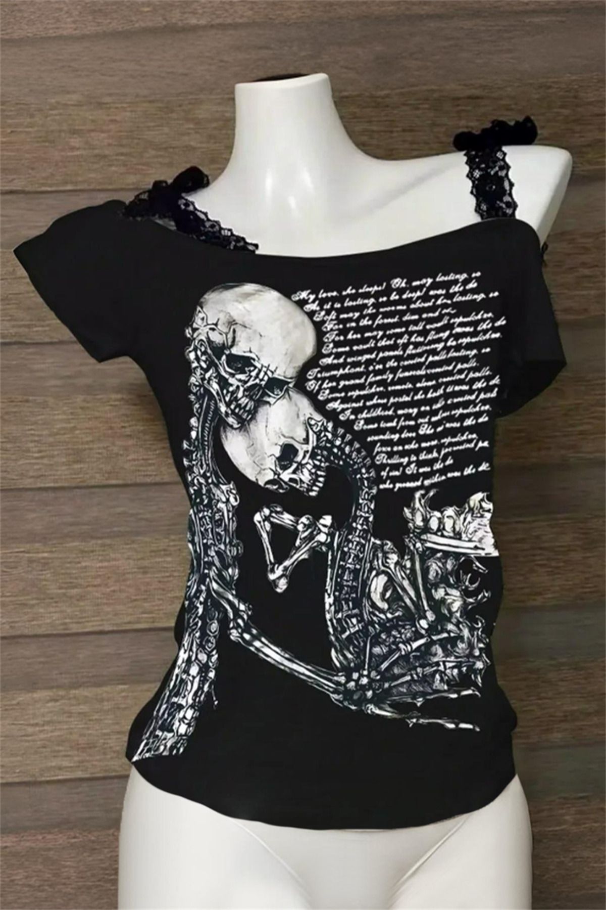 Karakedi Siyah Skulls Letter Love Body Cyber Grunge Madonna Yaka Gotik Y2K Askılı Crop